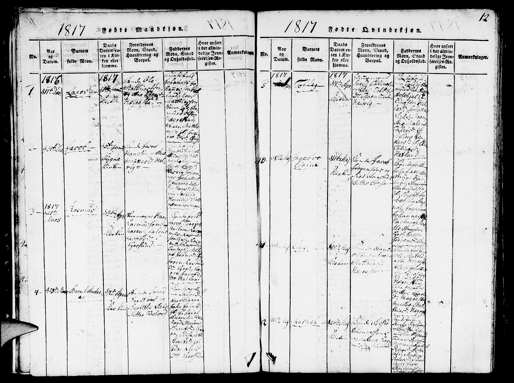 Eigersund sokneprestkontor, SAST/A-101807/S09/L0001: Parish register (copy) no. B 1, 1815-1827, p. 12