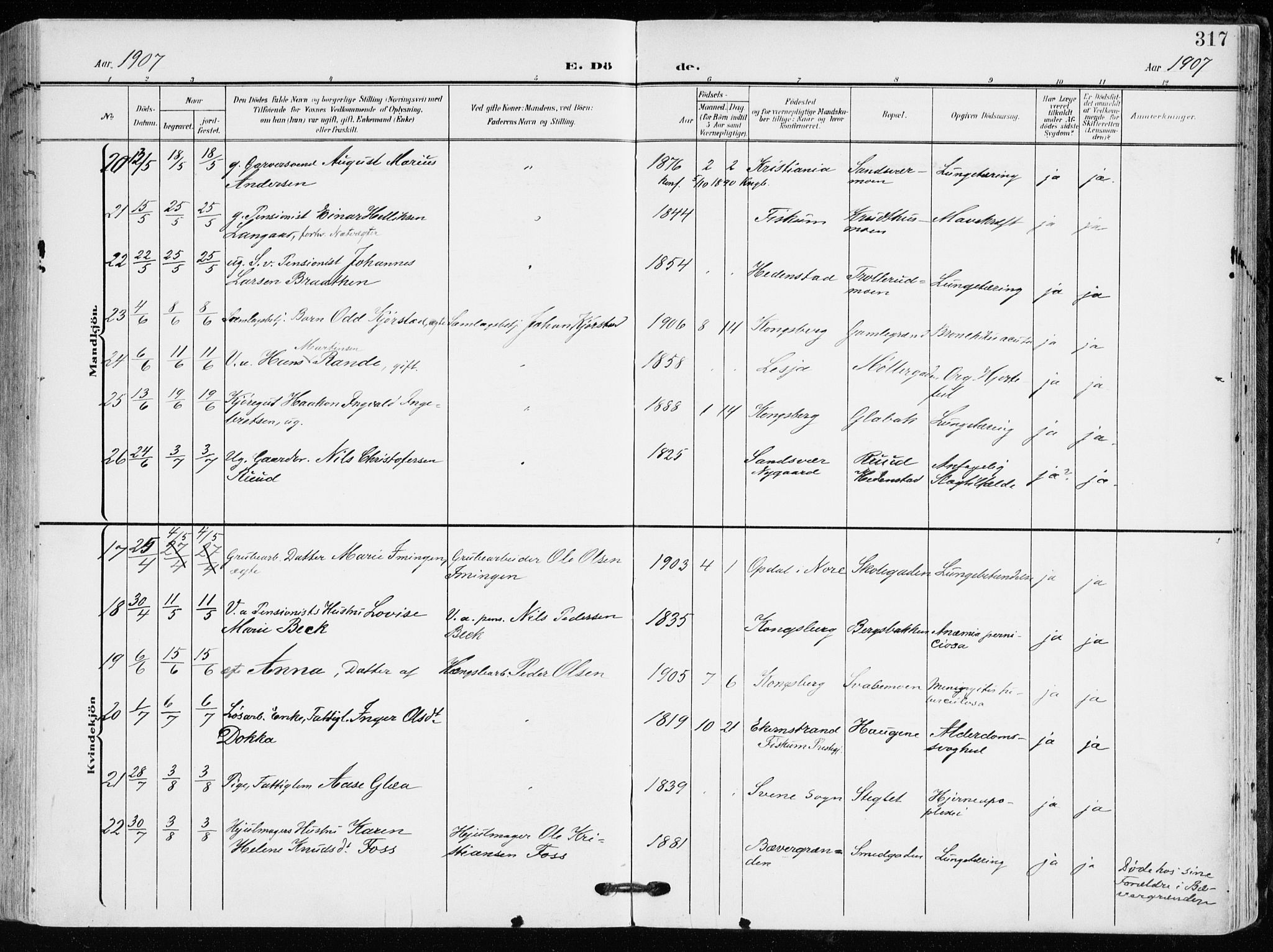 Kongsberg kirkebøker, AV/SAKO-A-22/F/Fb/L0004: Parish register (official) no. II 4, 1906-1918, p. 317