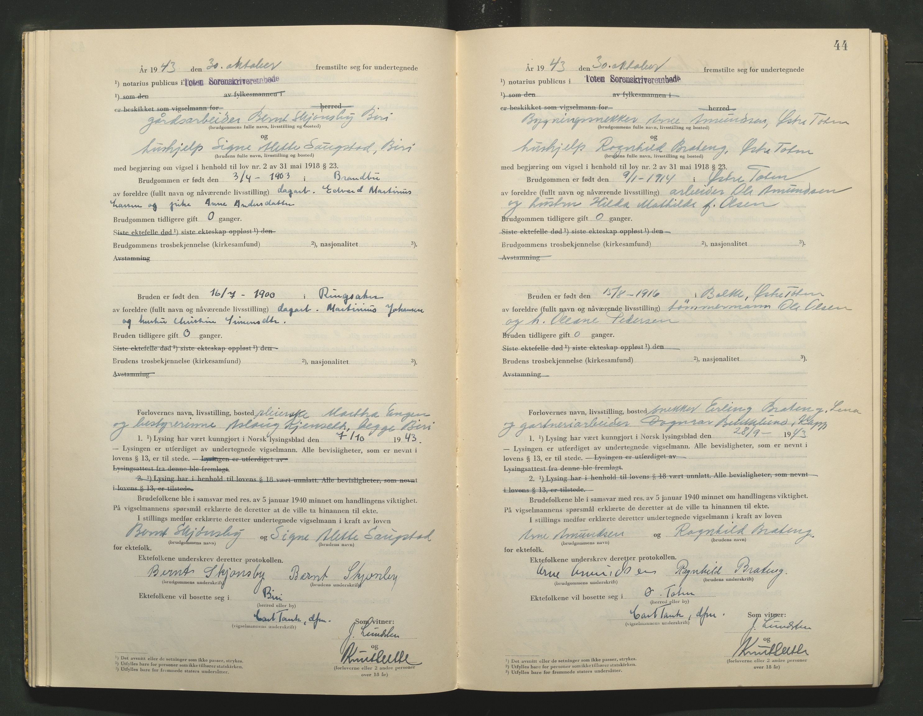 Toten tingrett, AV/SAH-TING-006/L/Lc/L0003: Vigselbok, 1943-1944, p. 44