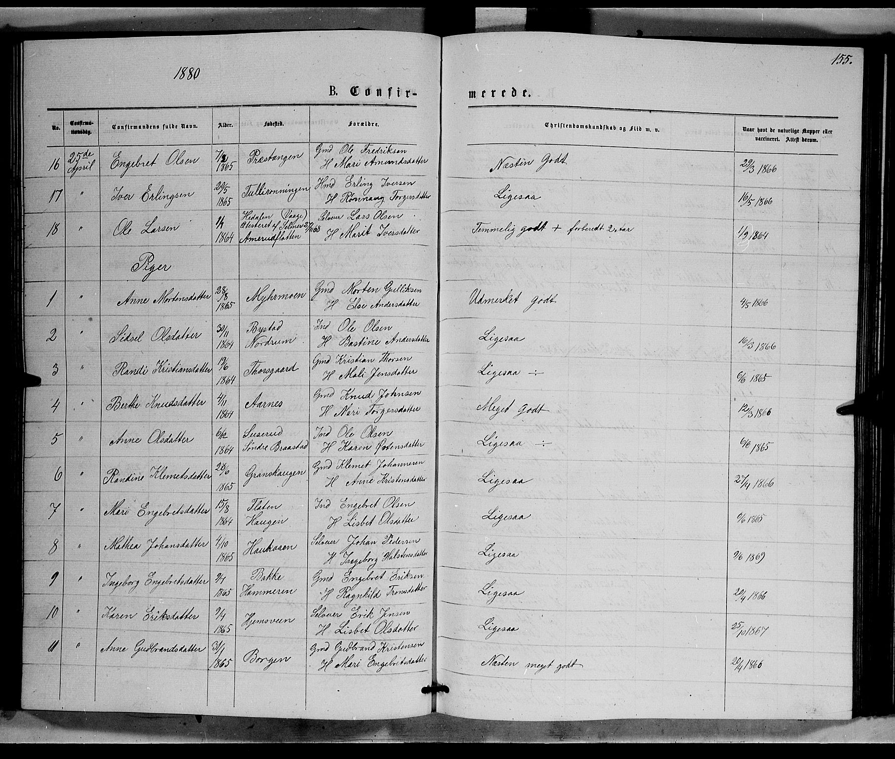 Ringebu prestekontor, SAH/PREST-082/H/Ha/Hab/L0006: Parish register (copy) no. 6, 1880-1898, p. 155