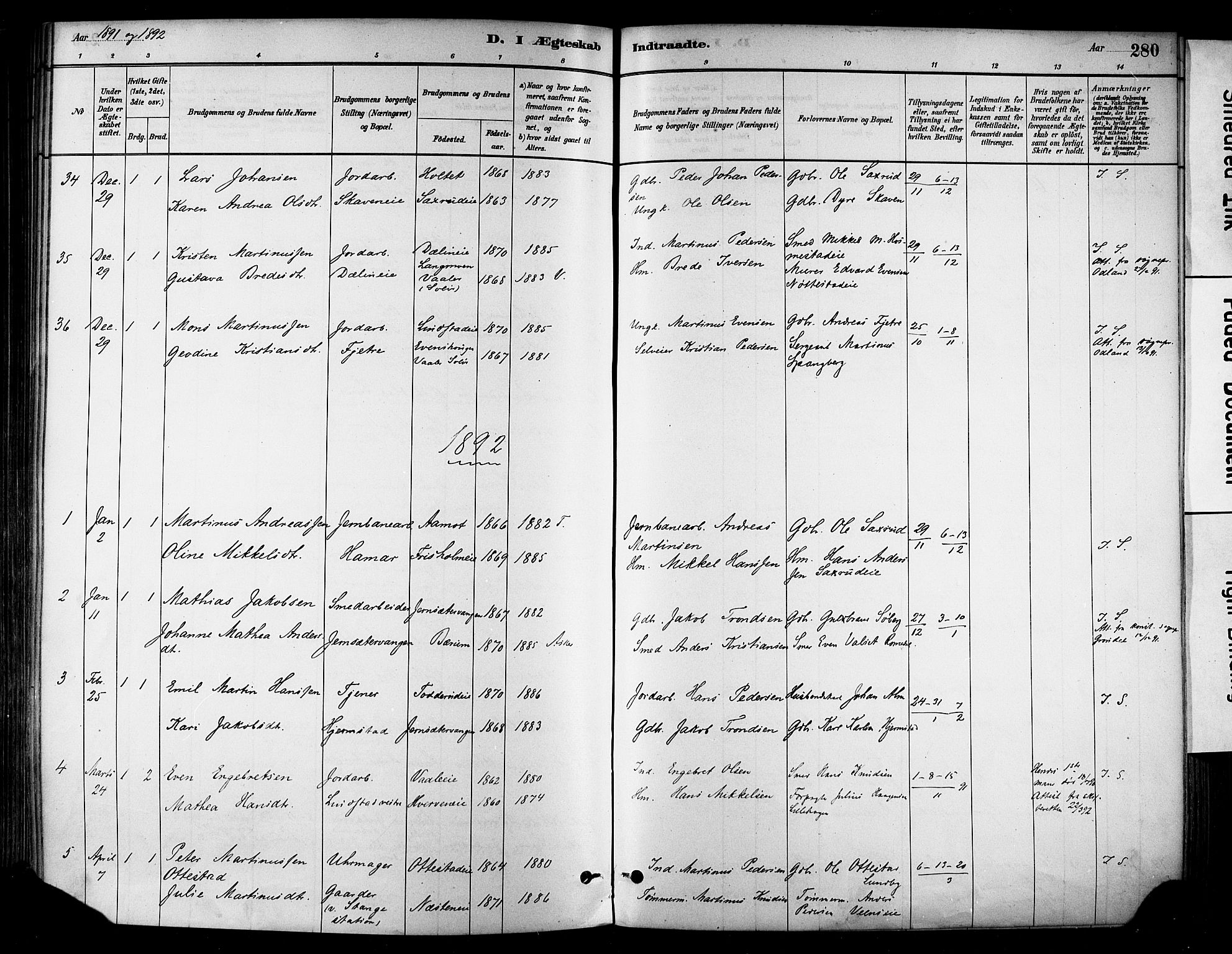 Stange prestekontor, AV/SAH-PREST-002/K/L0017: Parish register (official) no. 17, 1880-1893, p. 280