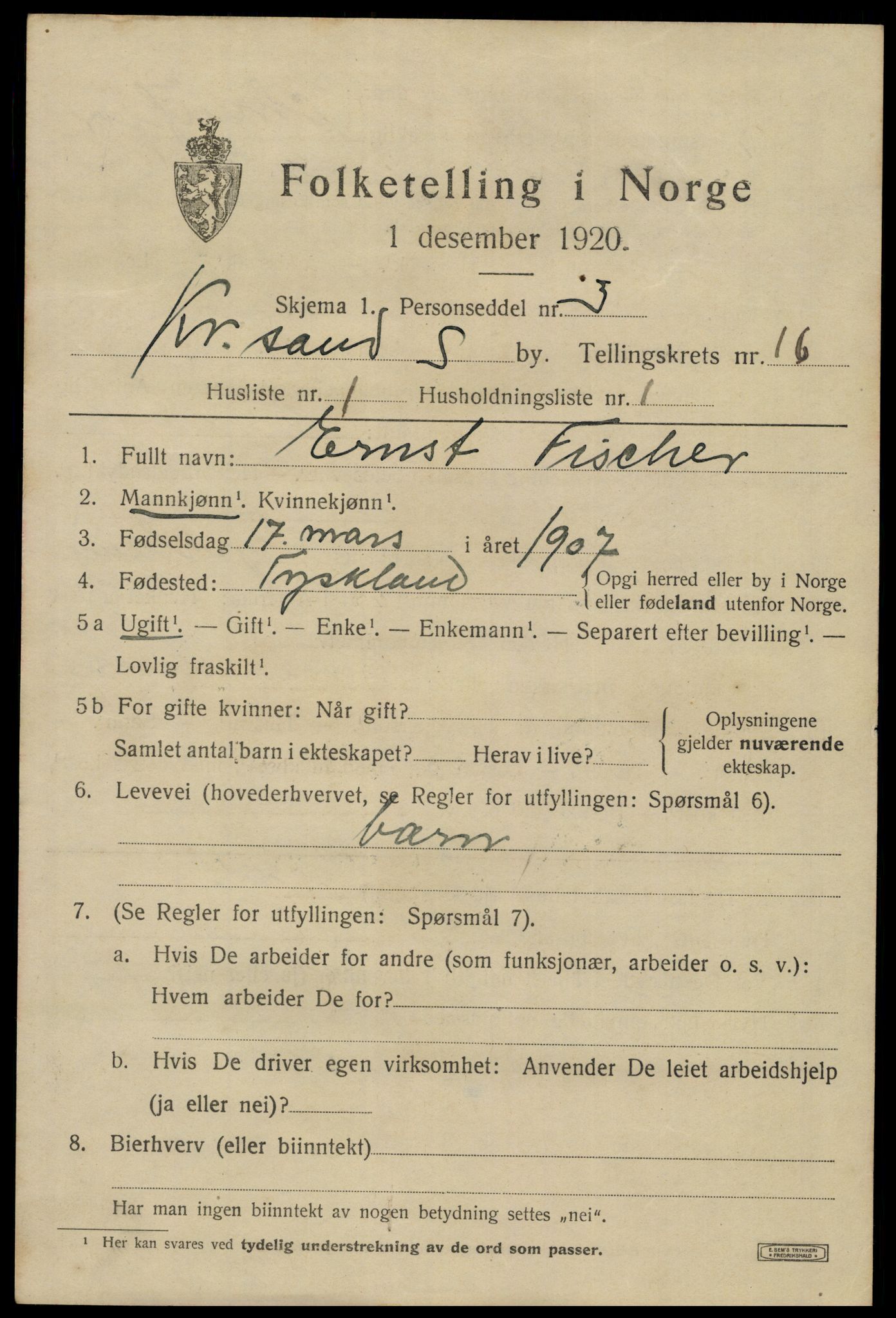 SAK, 1920 census for Kristiansand, 1920, p. 31393