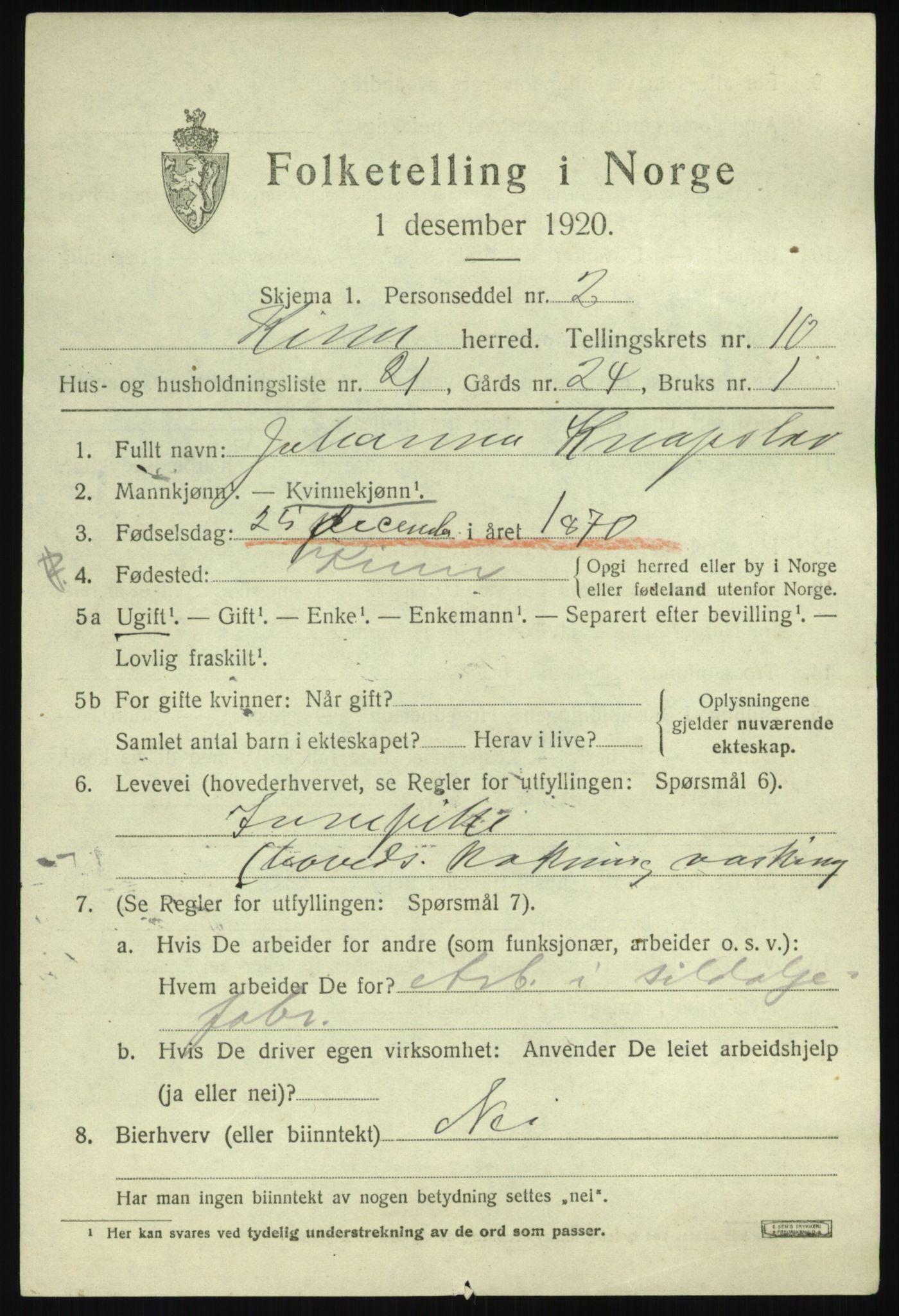 SAB, 1920 census for Kinn, 1920, p. 3677