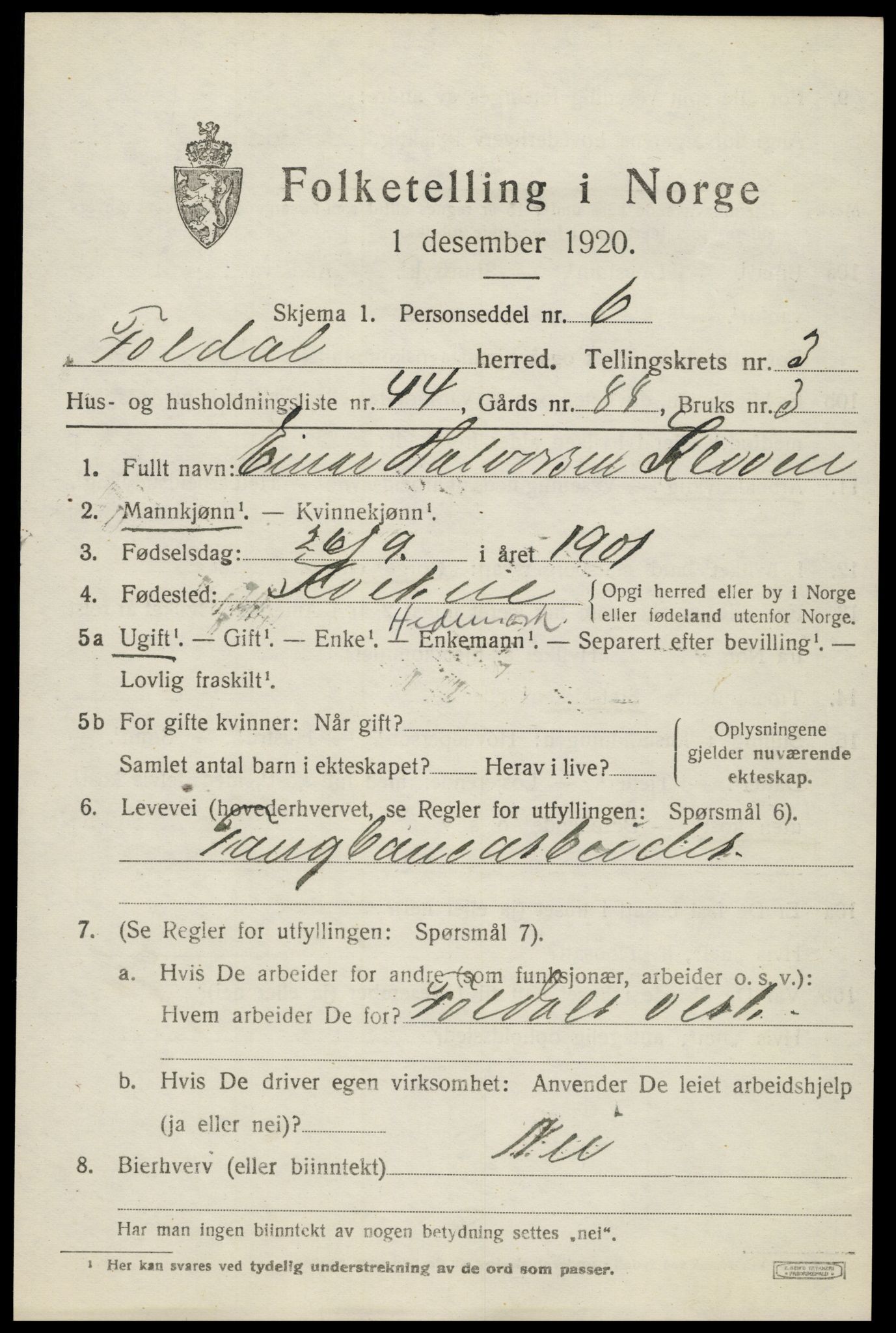 SAH, 1920 census for Folldal, 1920, p. 2073