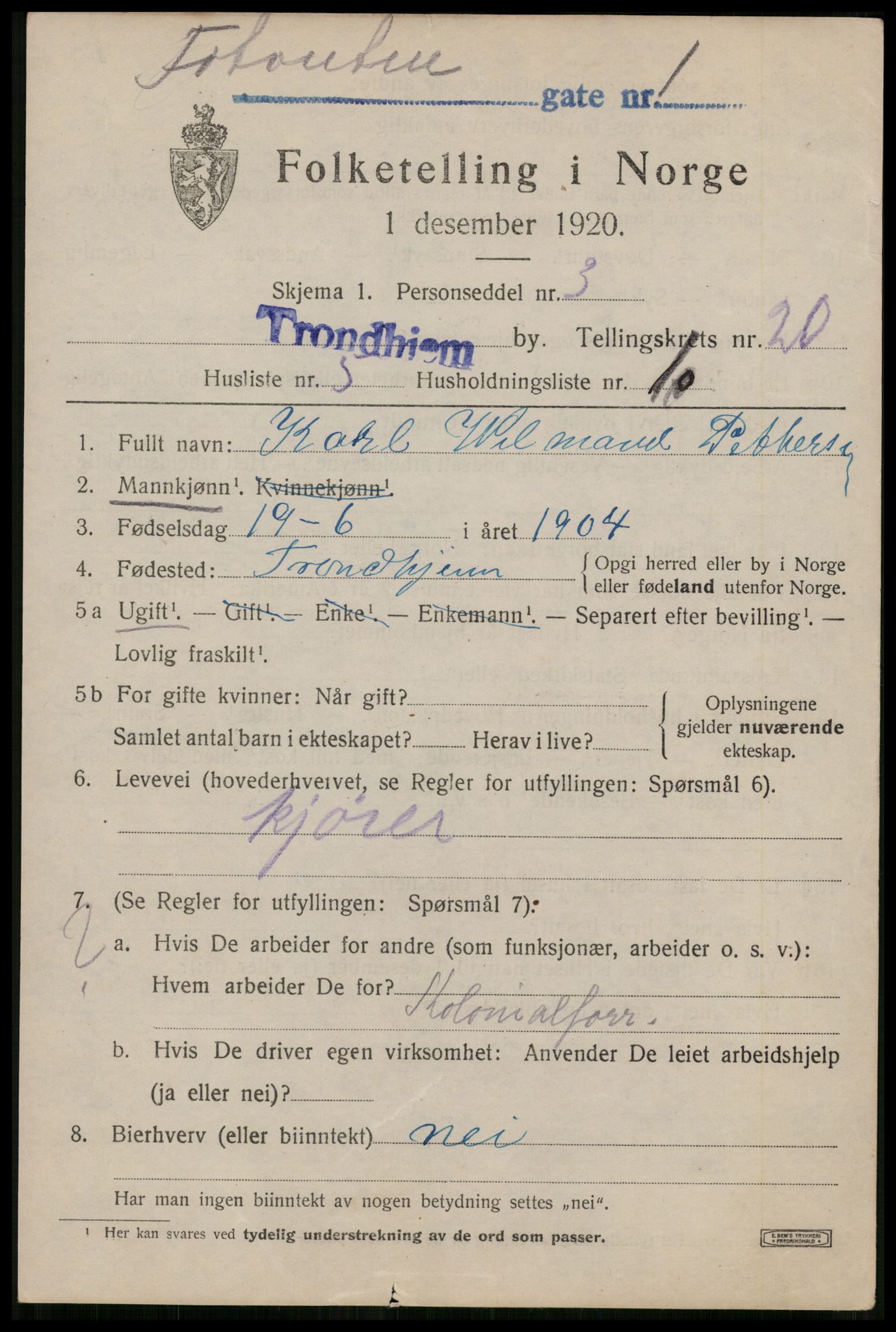 SAT, 1920 census for Trondheim, 1920, p. 59664
