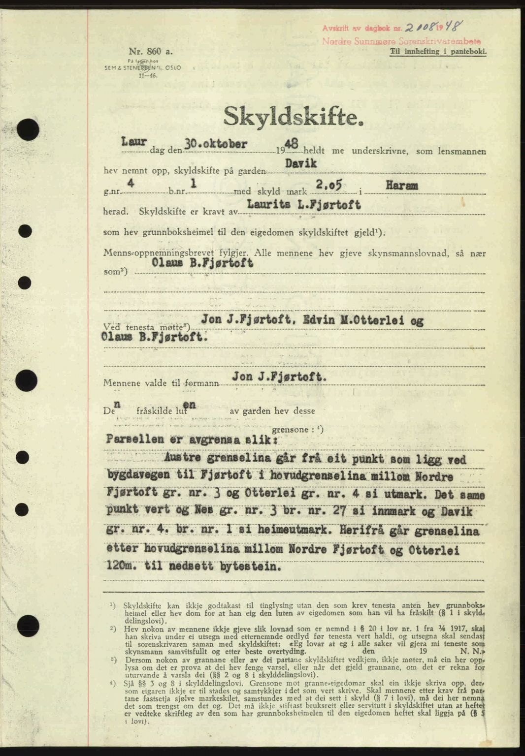 Nordre Sunnmøre sorenskriveri, AV/SAT-A-0006/1/2/2C/2Ca: Mortgage book no. A29, 1948-1949, Diary no: : 2008/1948