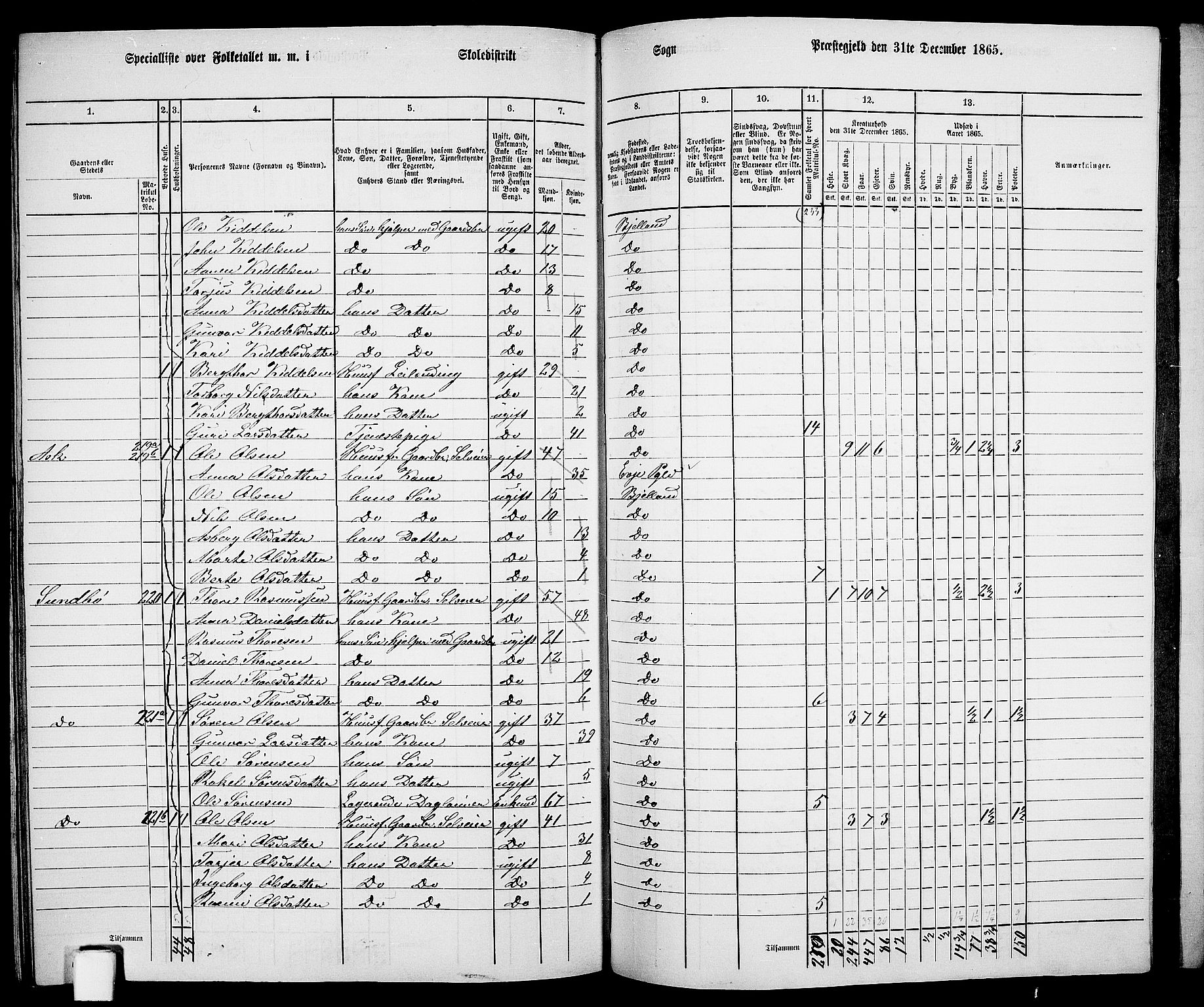 RA, 1865 census for Bjelland, 1865, p. 105