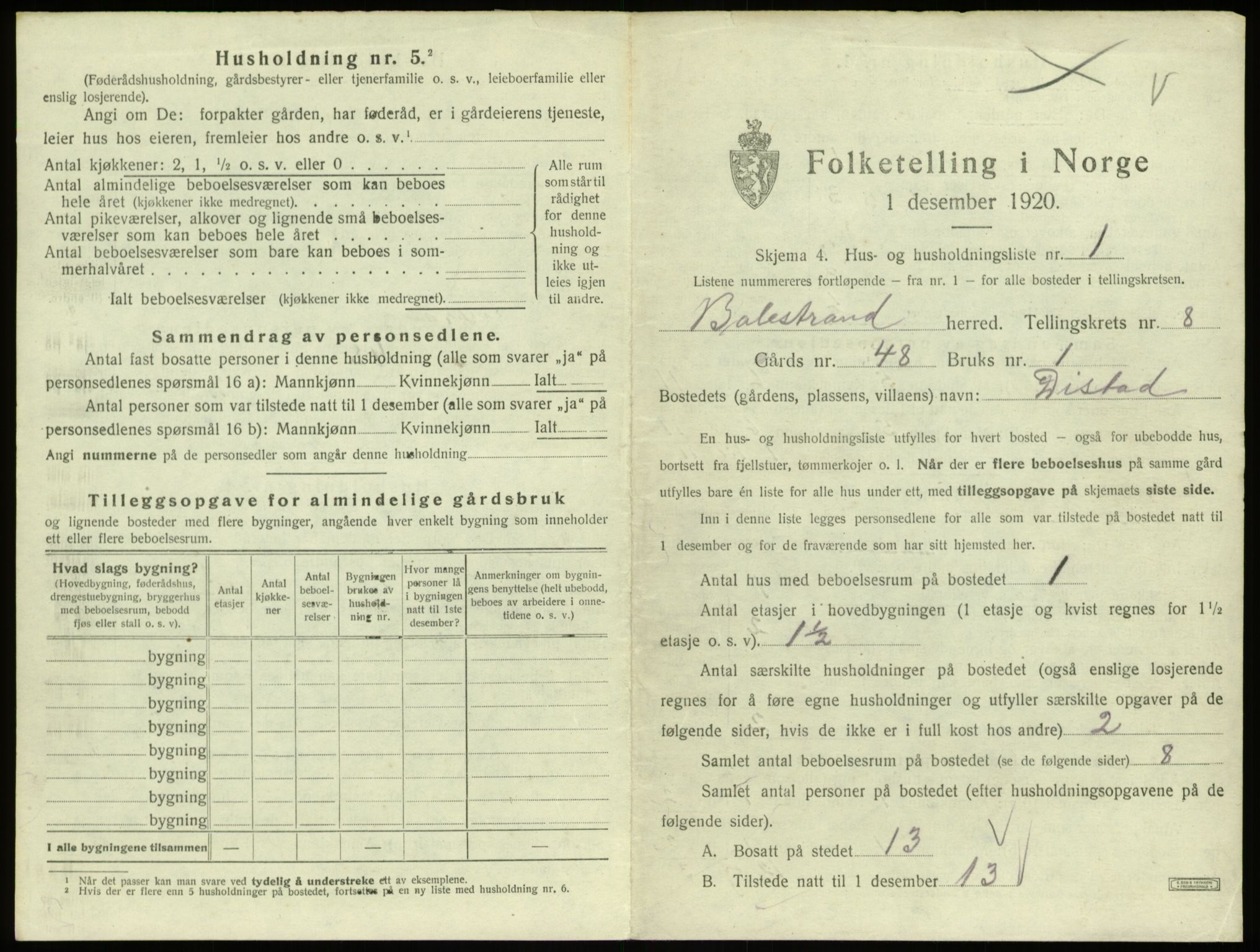 SAB, 1920 census for Balestrand, 1920, p. 472