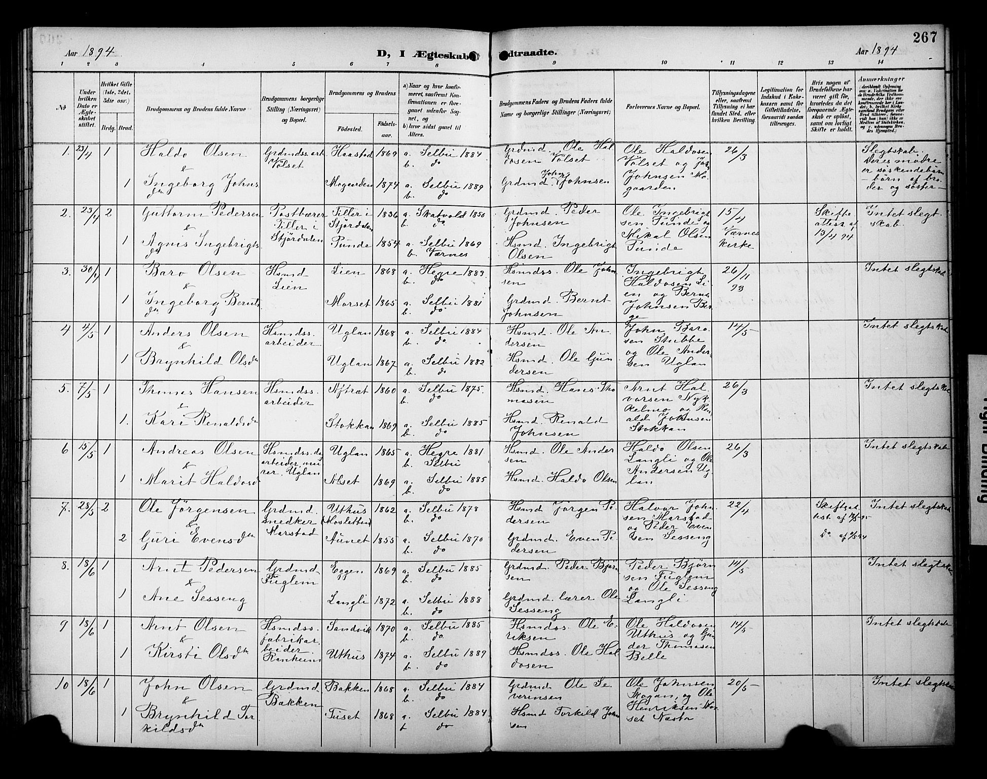 Ministerialprotokoller, klokkerbøker og fødselsregistre - Sør-Trøndelag, SAT/A-1456/695/L1149: Parish register (official) no. 695A09, 1891-1902, p. 267