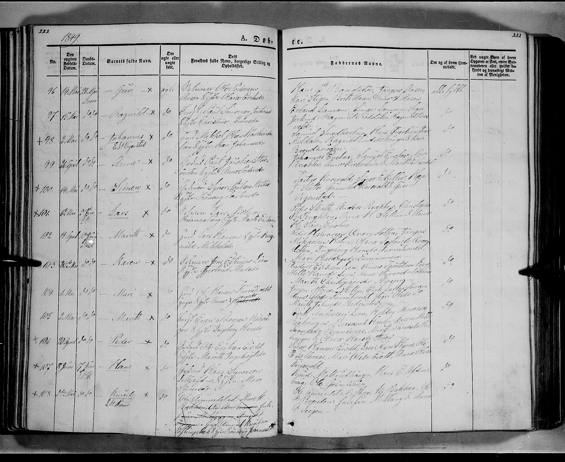 Lesja prestekontor, AV/SAH-PREST-068/H/Ha/Haa/L0006: Parish register (official) no. 6A, 1843-1854, p. 222-223