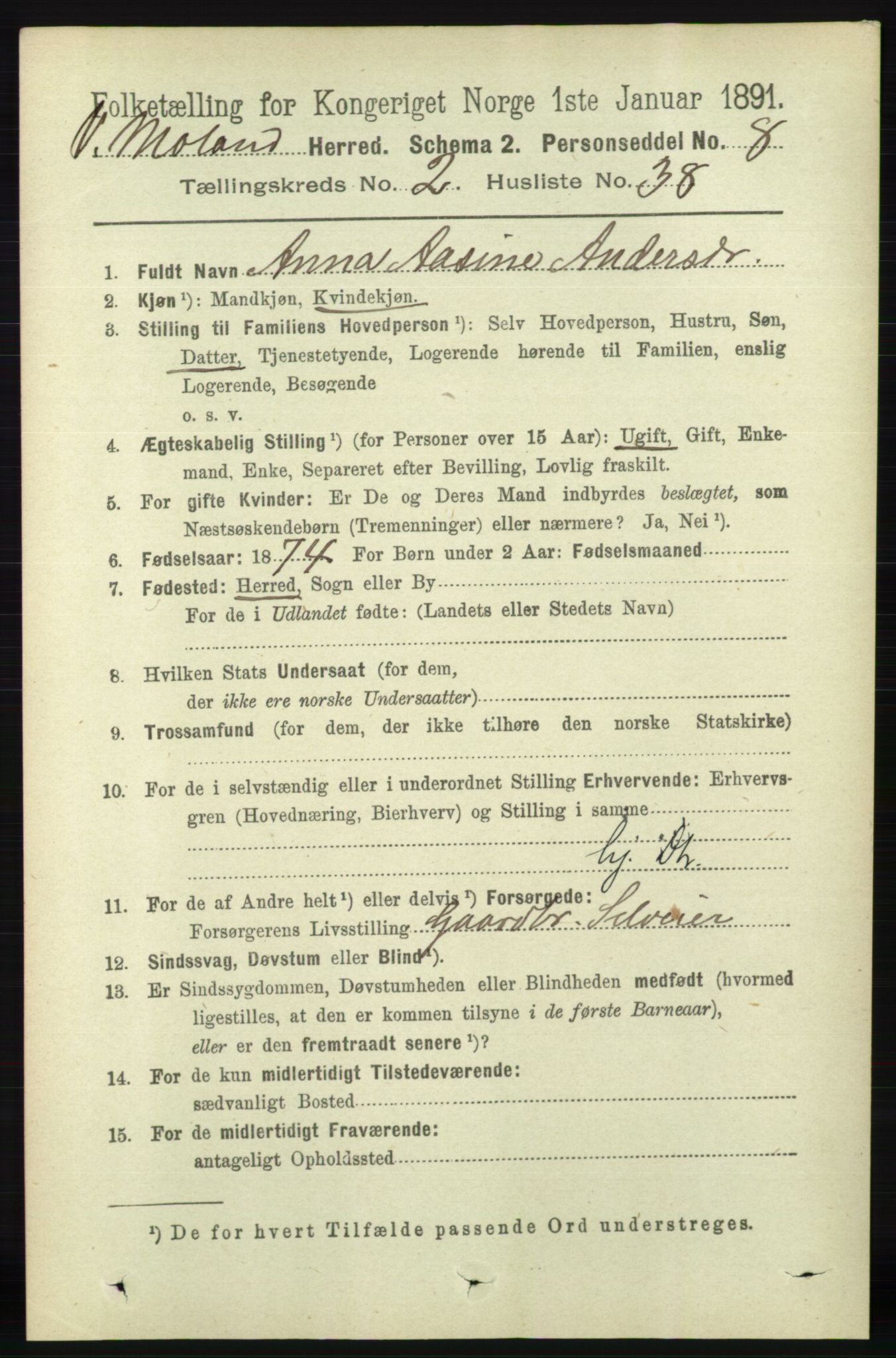 RA, 1891 census for 0926 Vestre Moland, 1891, p. 815