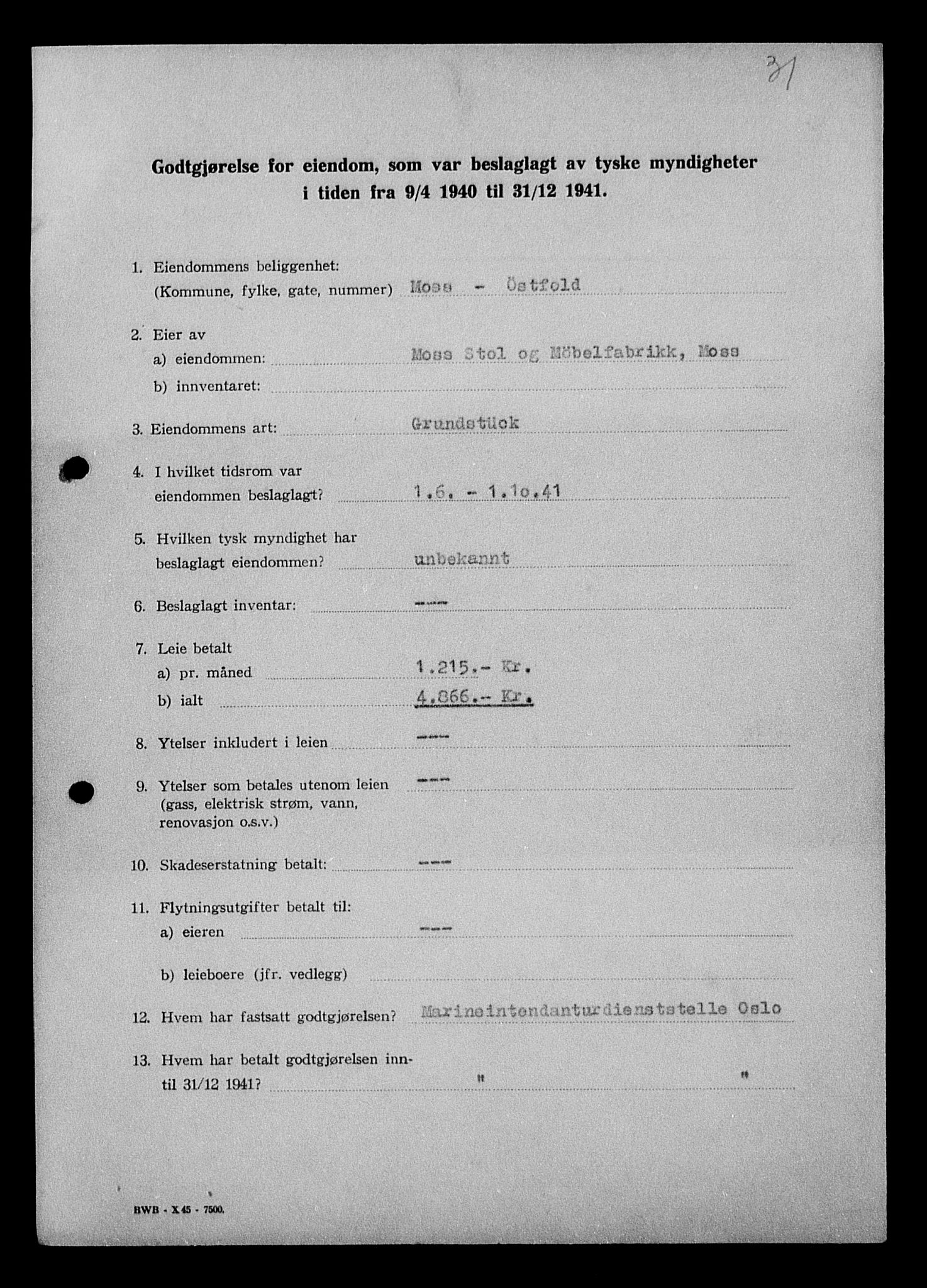 Justisdepartementet, Tilbakeføringskontoret for inndratte formuer, AV/RA-S-1564/I/L1010: Godtgjørelse for beslaglagt eiendom, 1940-1941, p. 12