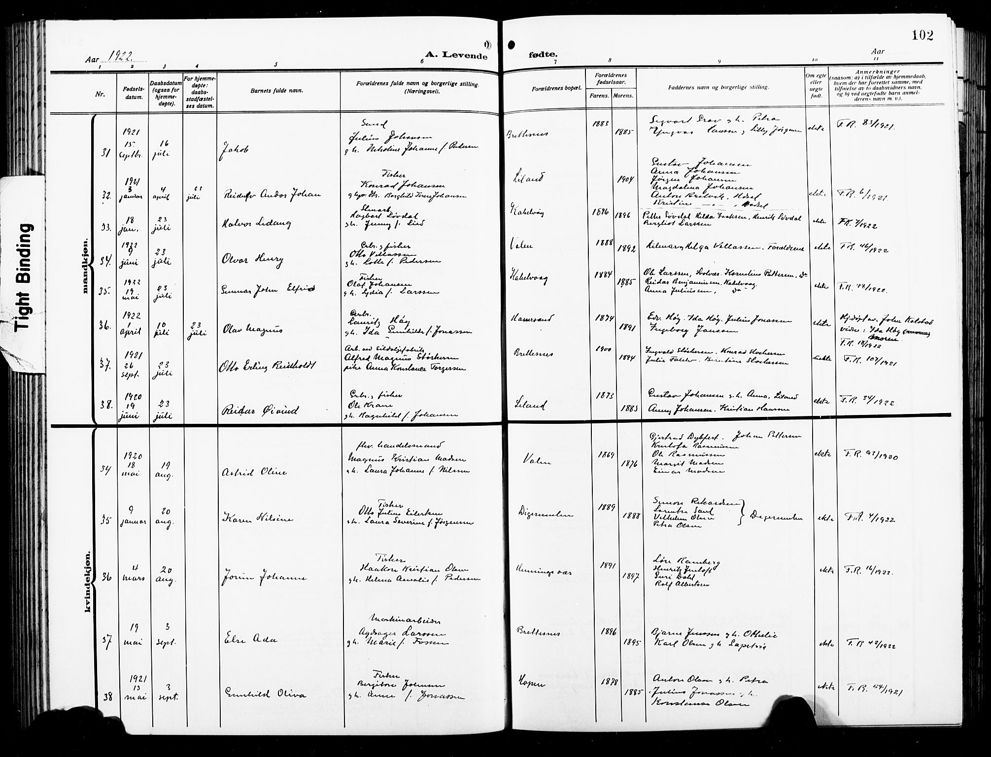 Ministerialprotokoller, klokkerbøker og fødselsregistre - Nordland, AV/SAT-A-1459/874/L1080: Parish register (copy) no. 874C09, 1915-1925, p. 102