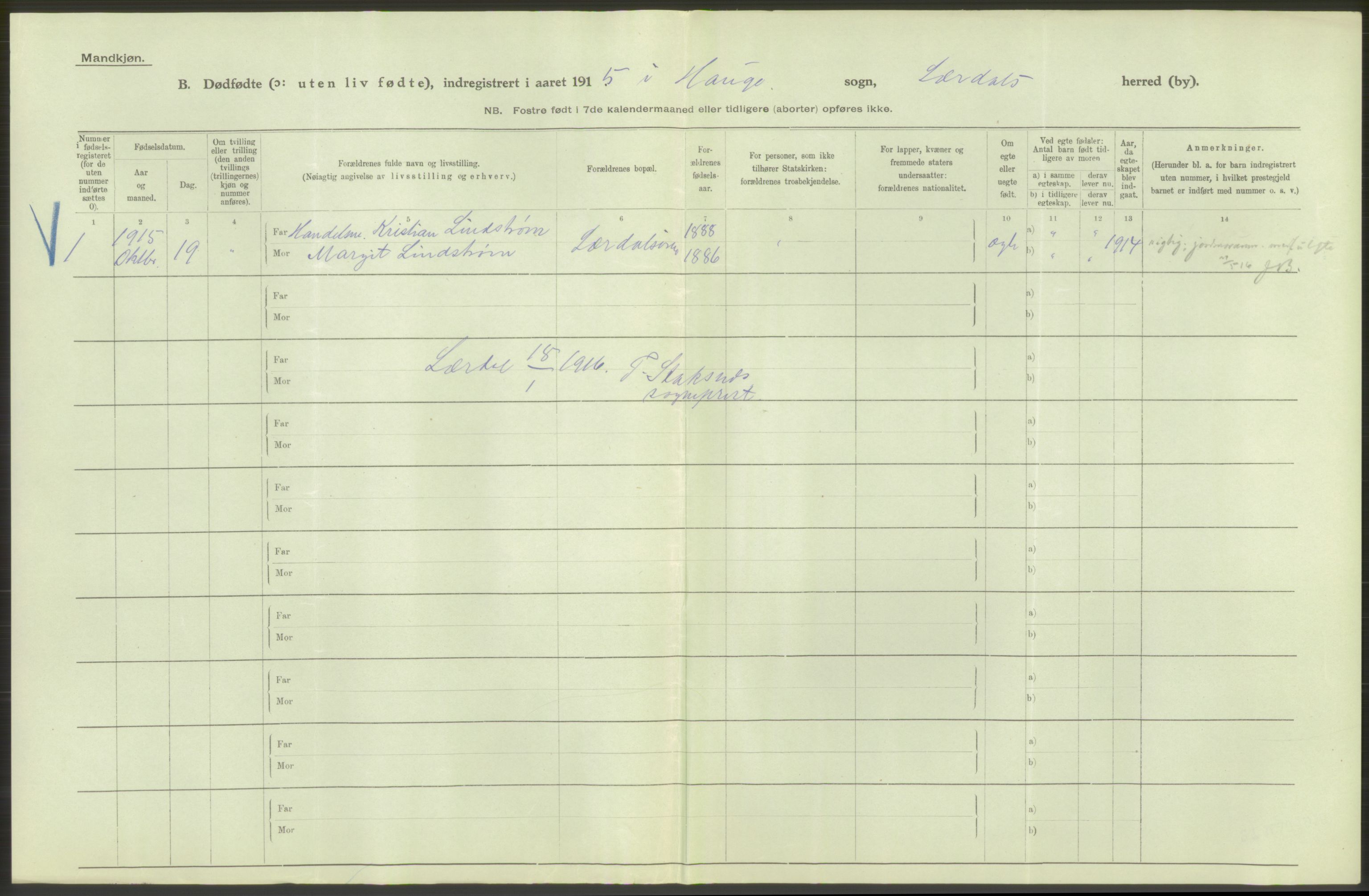 Statistisk sentralbyrå, Sosiodemografiske emner, Befolkning, AV/RA-S-2228/D/Df/Dfb/Dfbe/L0036: N. Bergenhus amt: Døde, dødfødte. Bygder., 1915, p. 16