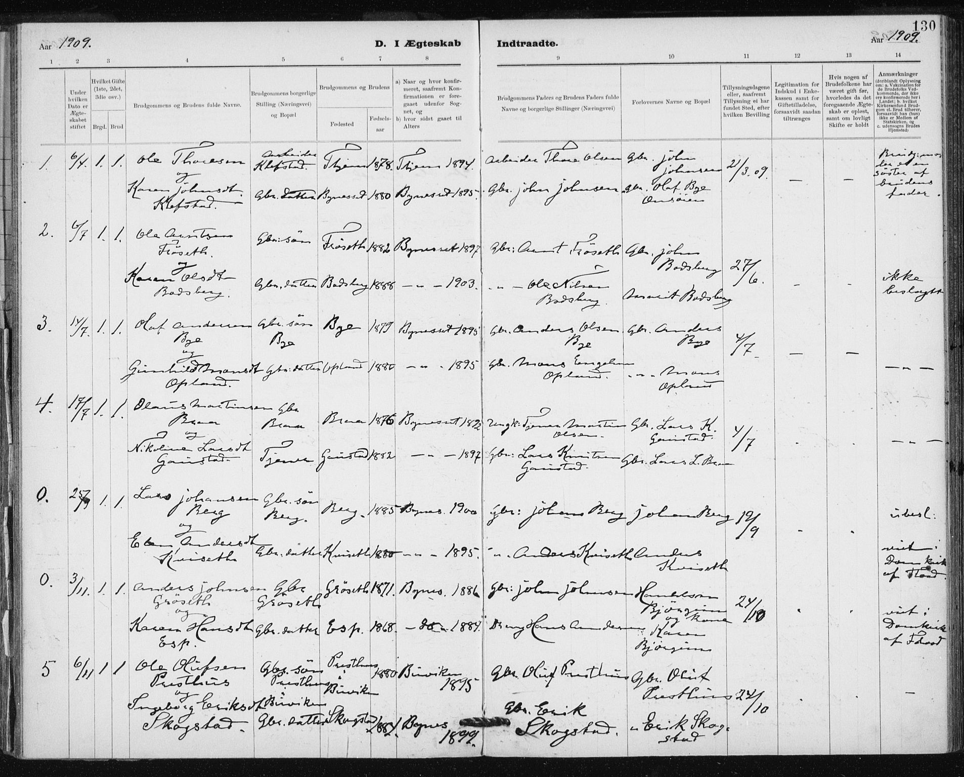 Ministerialprotokoller, klokkerbøker og fødselsregistre - Sør-Trøndelag, SAT/A-1456/612/L0381: Parish register (official) no. 612A13, 1907-1923, p. 130