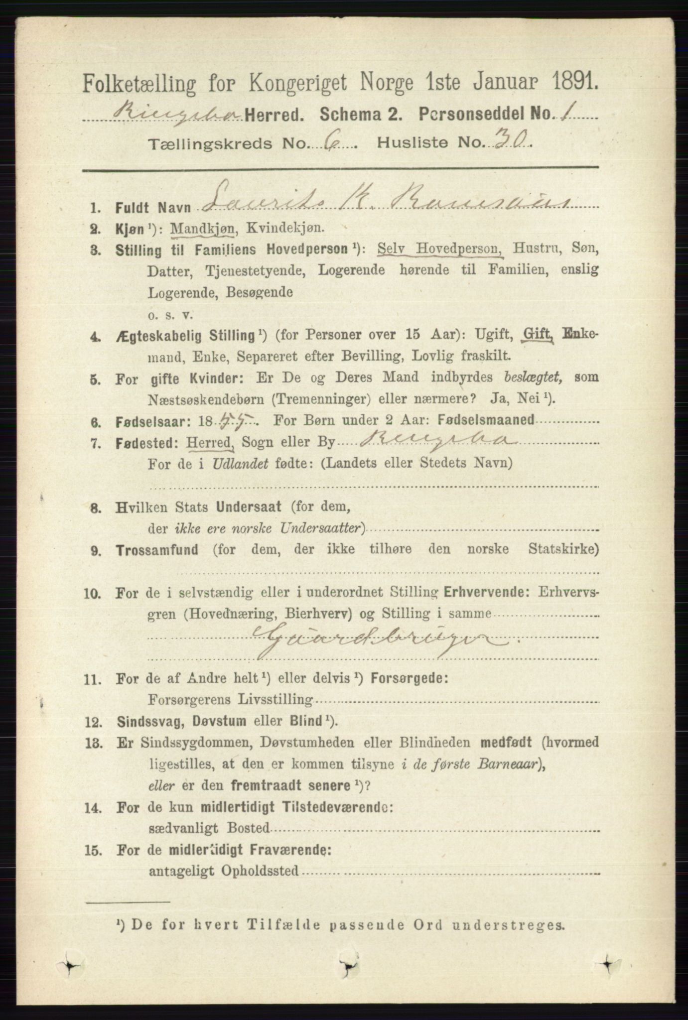 RA, 1891 census for 0520 Ringebu, 1891, p. 2627