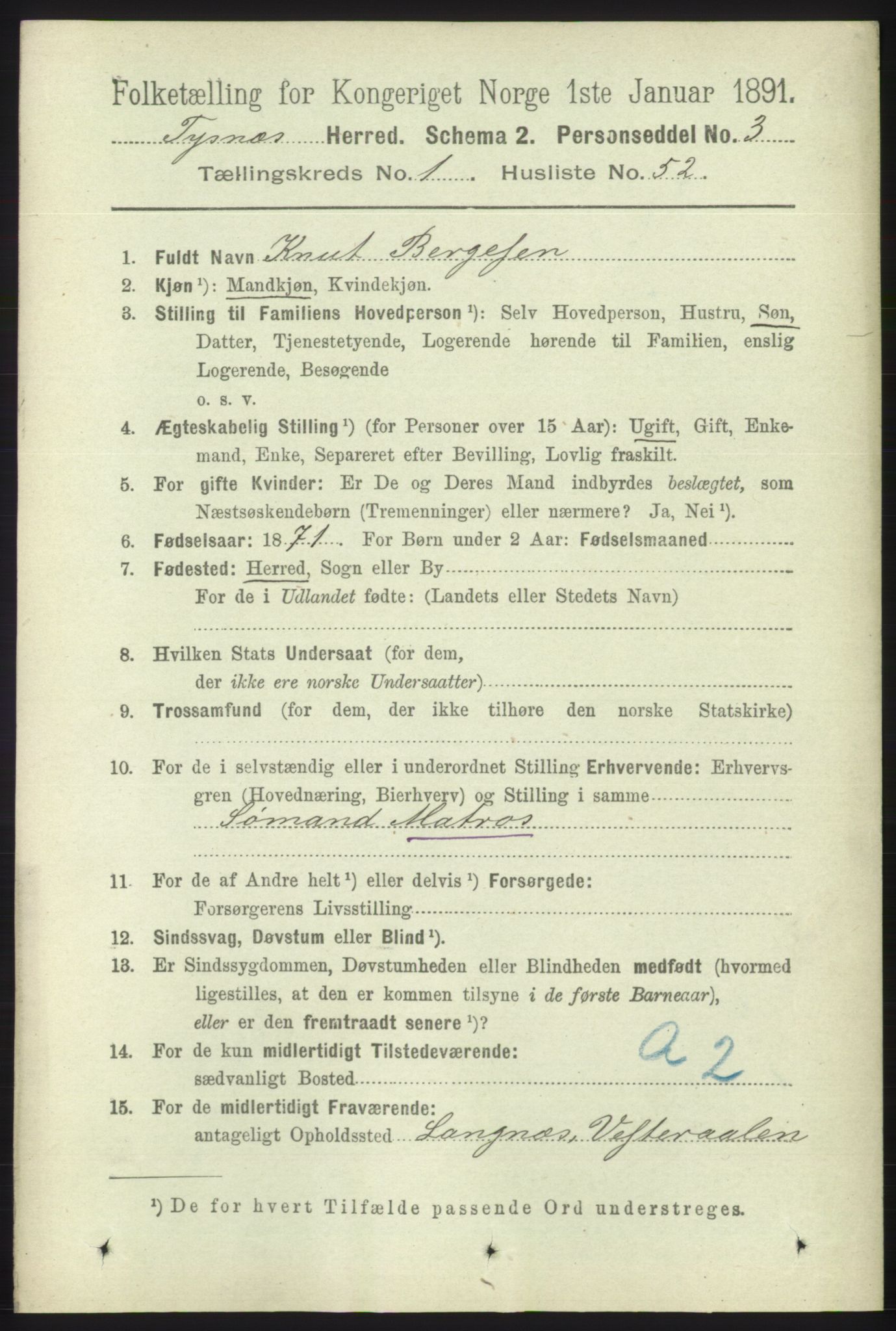 RA, 1891 census for 1223 Tysnes, 1891, p. 380