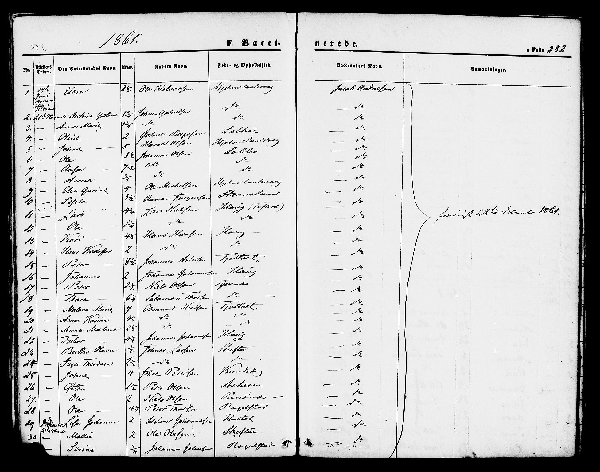 Hjelmeland sokneprestkontor, AV/SAST-A-101843/01/IV/L0011: Parish register (official) no. A 11, 1861-1878, p. 282