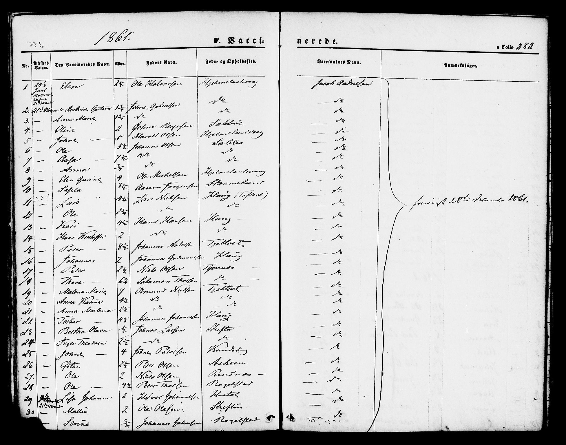 Hjelmeland sokneprestkontor, AV/SAST-A-101843/01/IV/L0011: Parish register (official) no. A 11, 1861-1878, p. 282