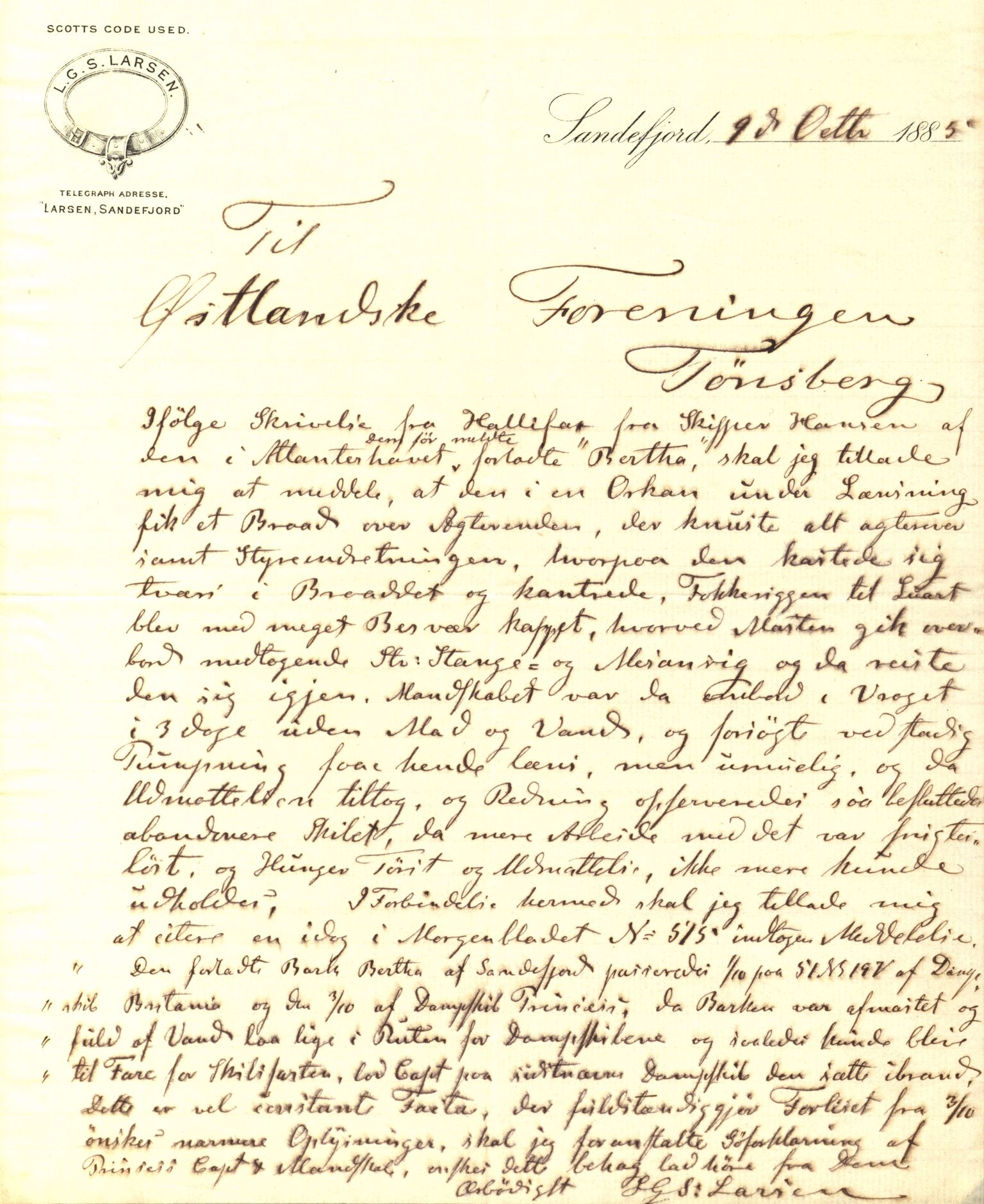 Pa 63 - Østlandske skibsassuranceforening, VEMU/A-1079/G/Ga/L0018/0011: Havaridokumenter / Bertha, Bonita, Immanuel, Th. Thoresen, India, 1885, p. 10