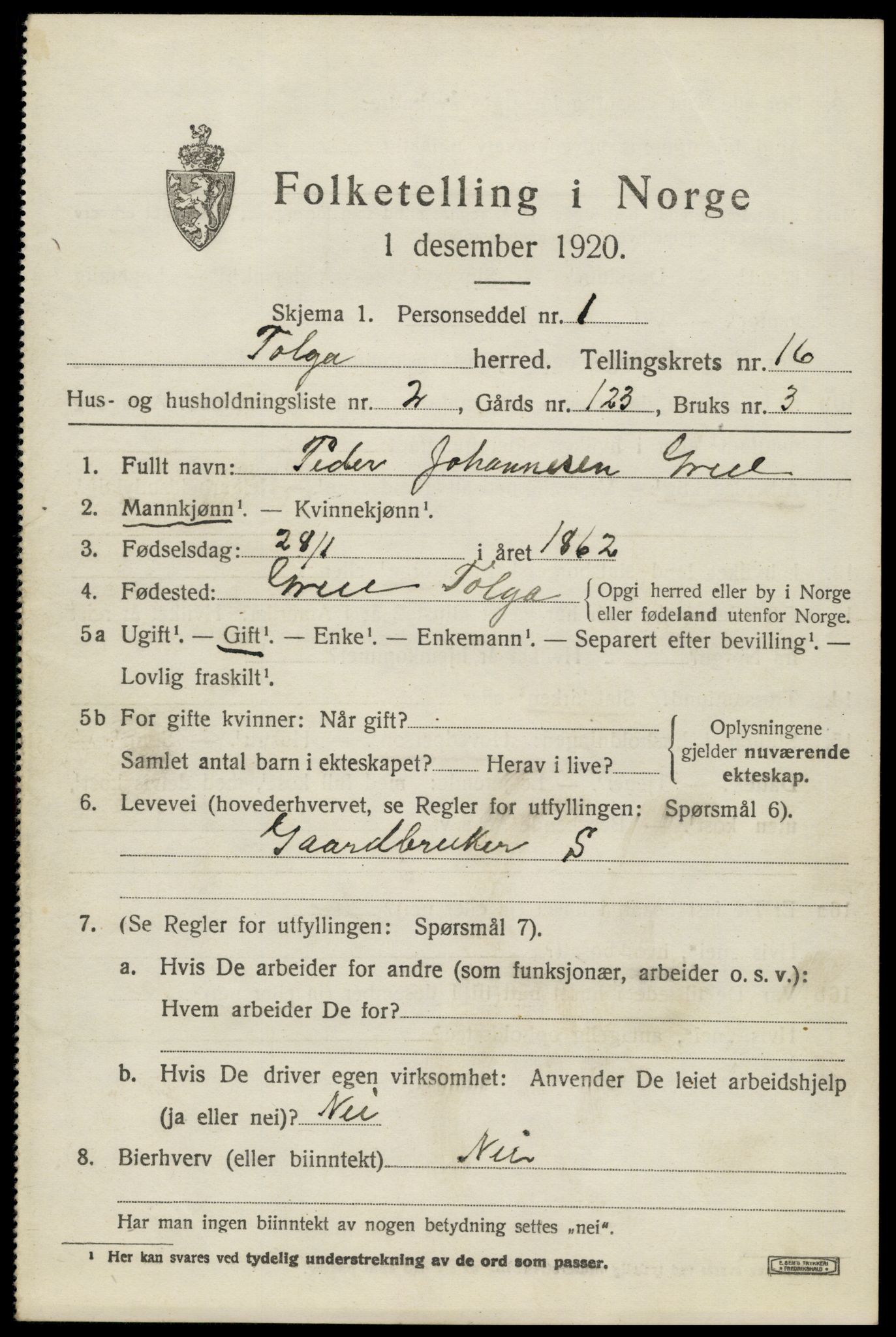 SAH, 1920 census for Tolga, 1920, p. 7385