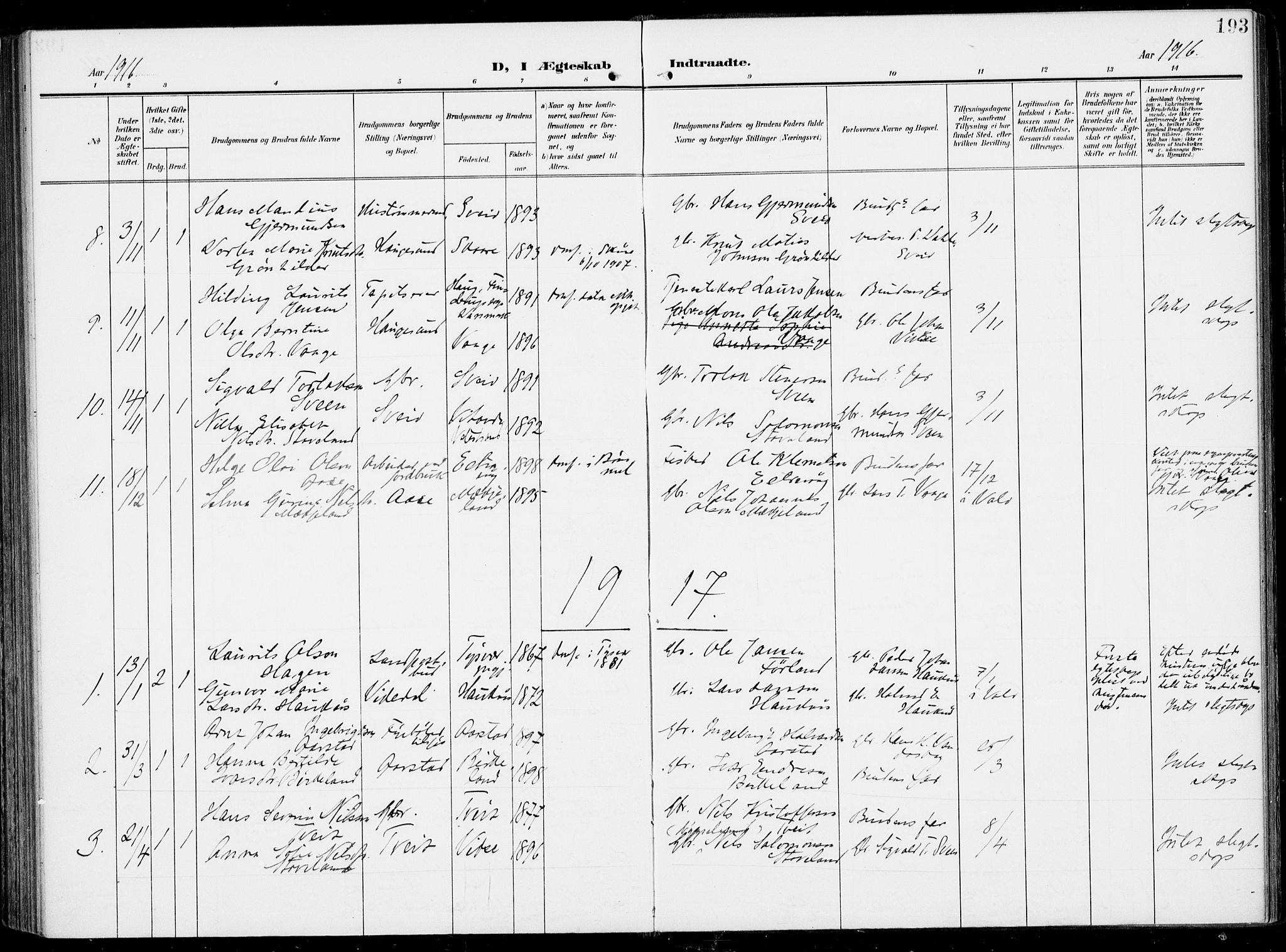 Sveio Sokneprestembete, SAB/A-78501/H/Haa: Parish register (official) no. B  4, 1906-1919, p. 193