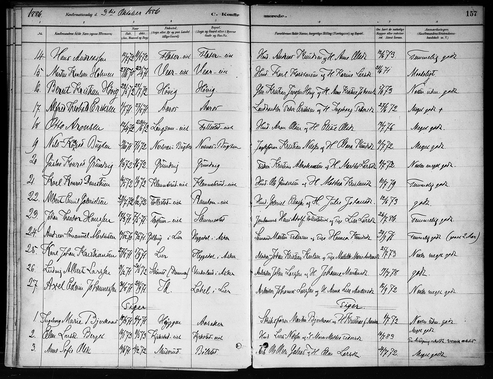 Røyken kirkebøker, SAKO/A-241/F/Fa/L0008: Parish register (official) no. 8, 1880-1897, p. 157