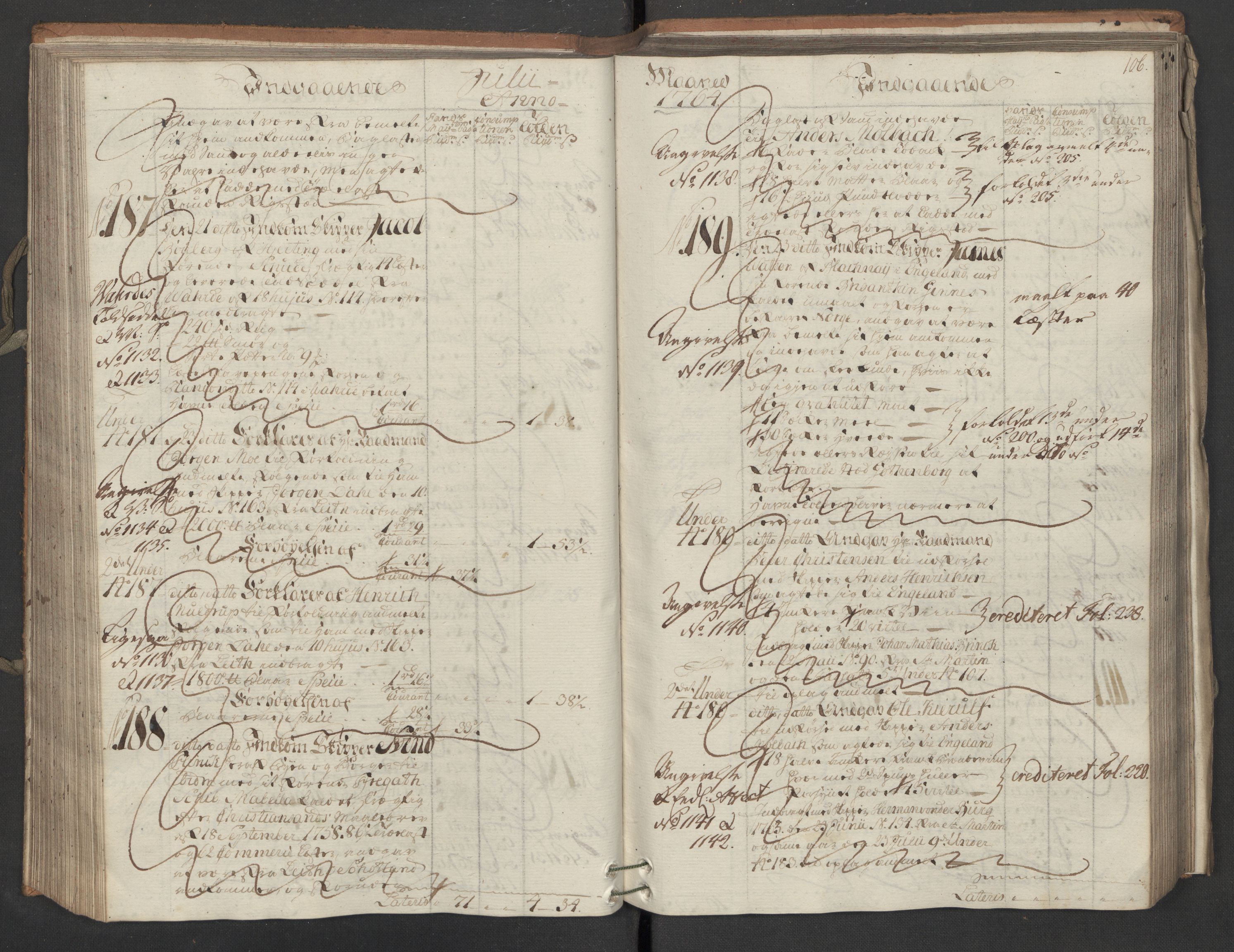 Generaltollkammeret, tollregnskaper, AV/RA-EA-5490/R16/L0054/0001: Tollregnskaper Kristiansand / Inngående hovedtollbok, 1764, p. 105b-106a