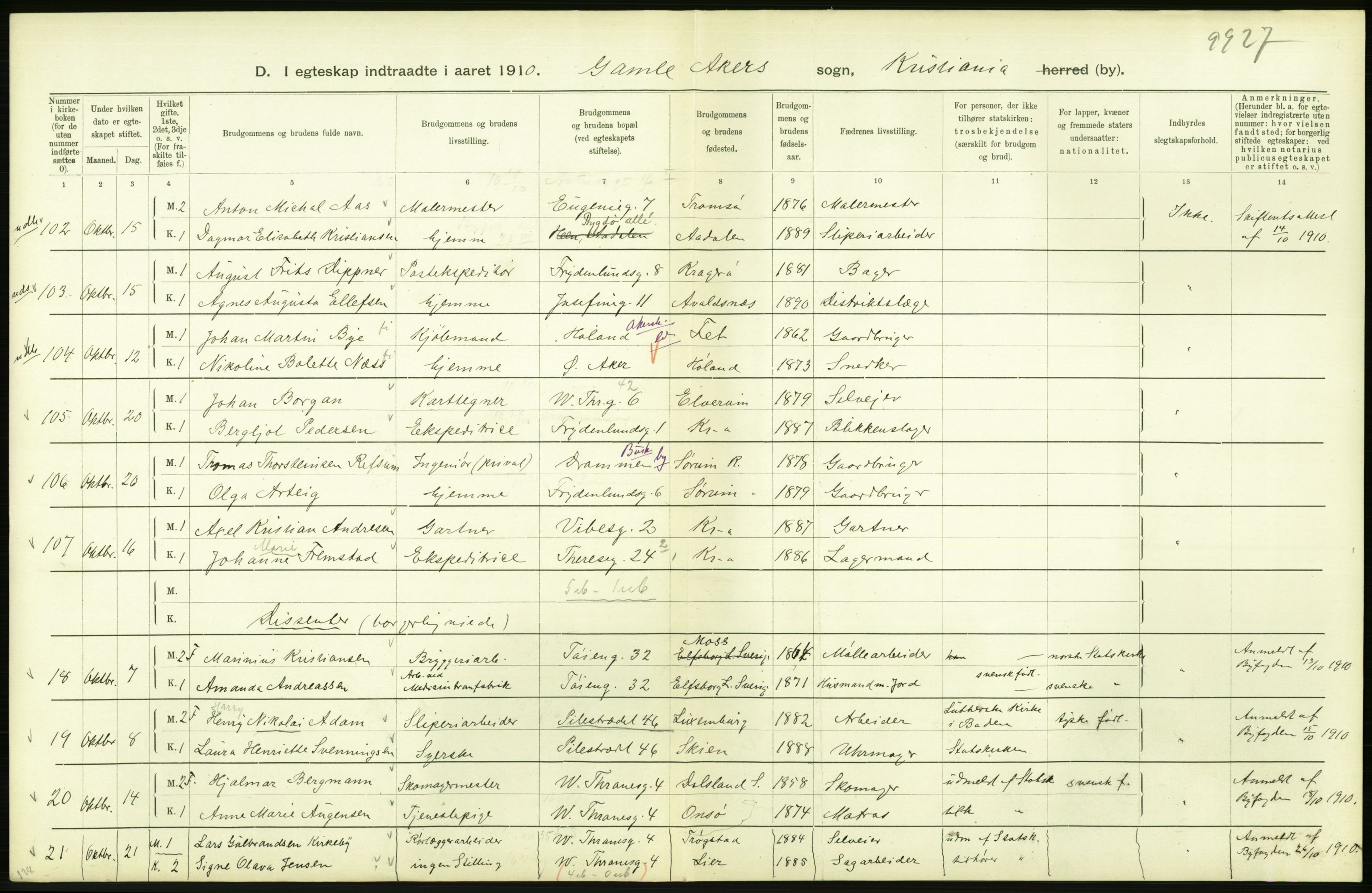 Statistisk sentralbyrå, Sosiodemografiske emner, Befolkning, AV/RA-S-2228/D/Df/Dfa/Dfah/L0009: Kristiania: Gifte og dødfødte., 1910, p. 436