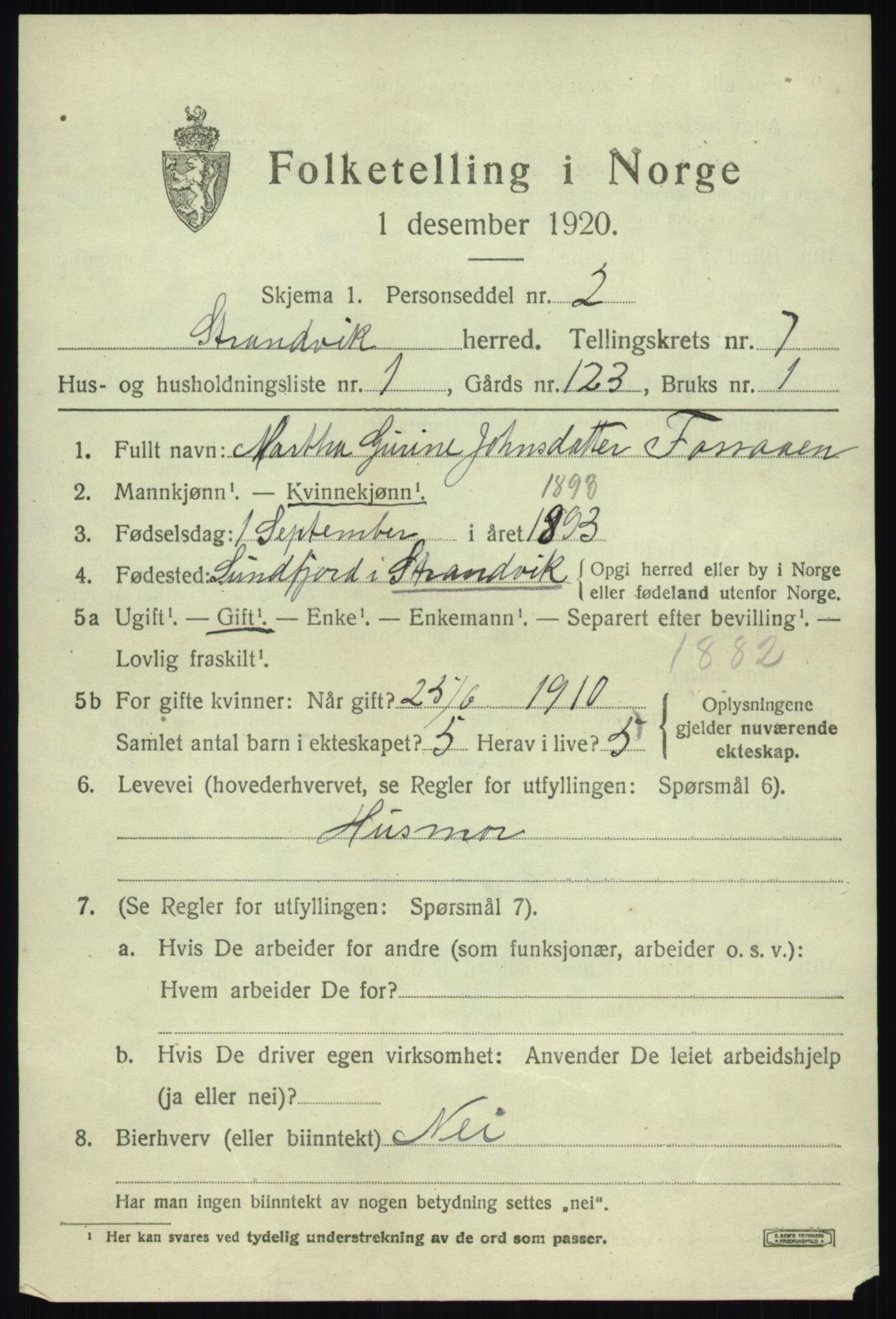 SAB, 1920 census for Strandvik, 1920, p. 4546