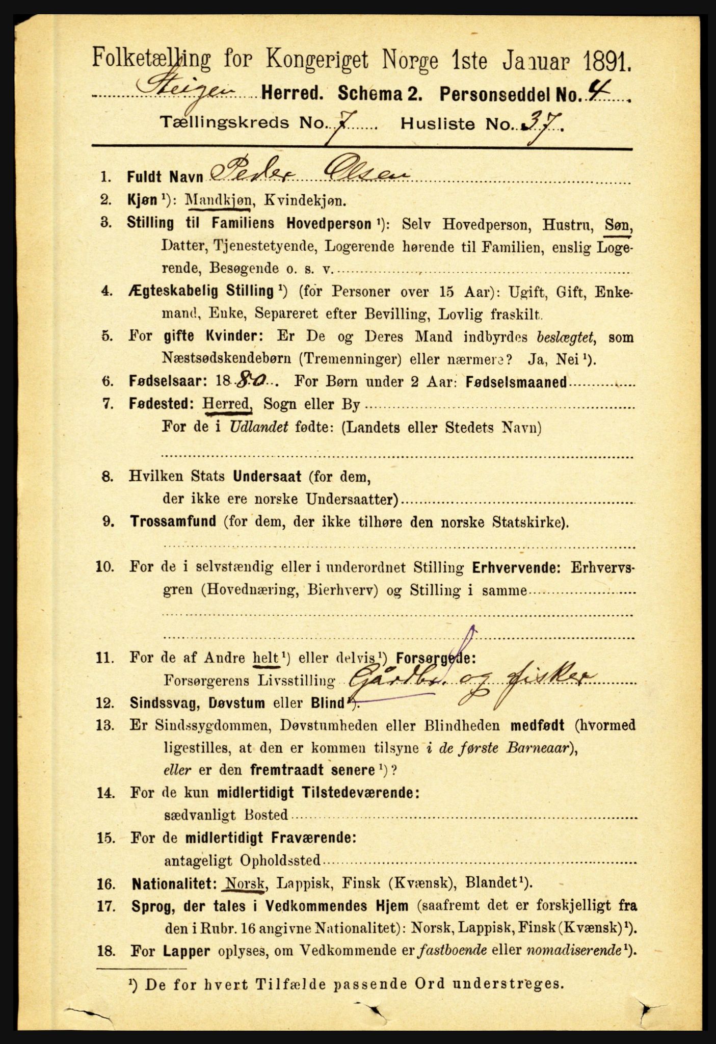 RA, 1891 census for 1848 Steigen, 1891, p. 2467