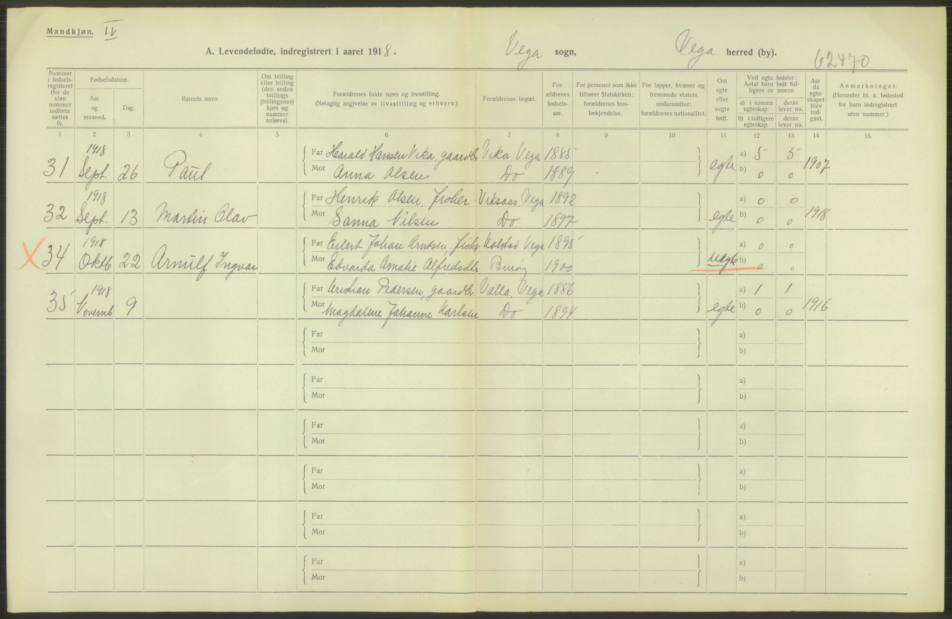 Statistisk sentralbyrå, Sosiodemografiske emner, Befolkning, RA/S-2228/D/Df/Dfb/Dfbh/L0052: Nordland fylke: Levendefødte menn og kvinner. Bygder., 1918, p. 38