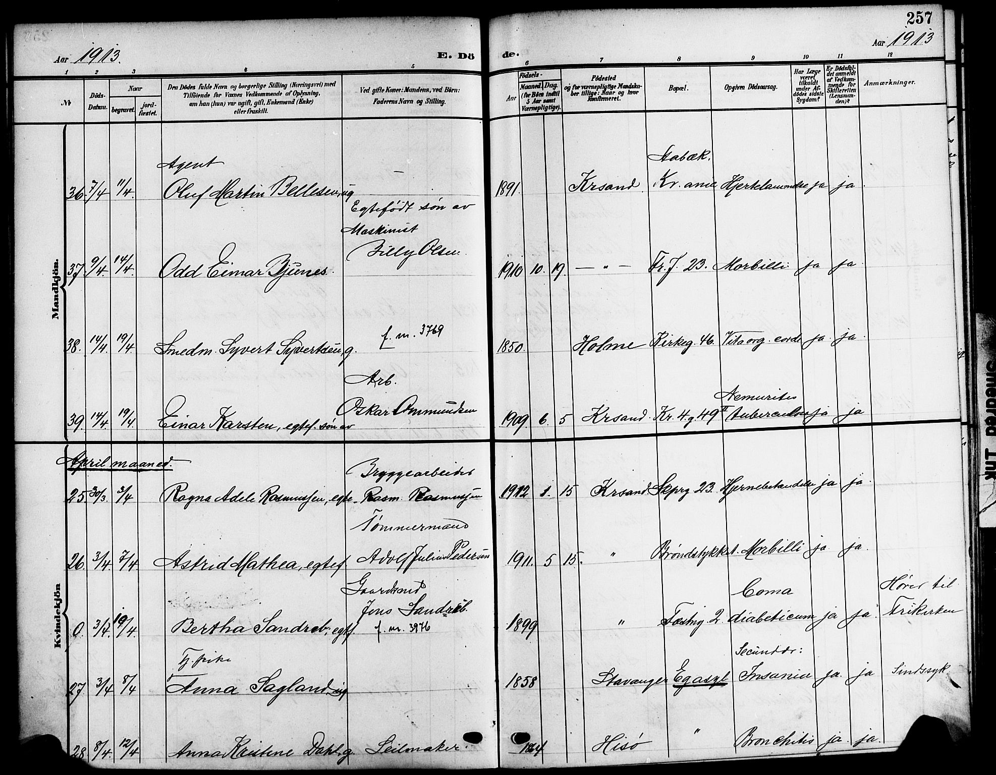 Kristiansand domprosti, SAK/1112-0006/F/Fb/L0020: Parish register (copy) no. B 20, 1906-1915, p. 257