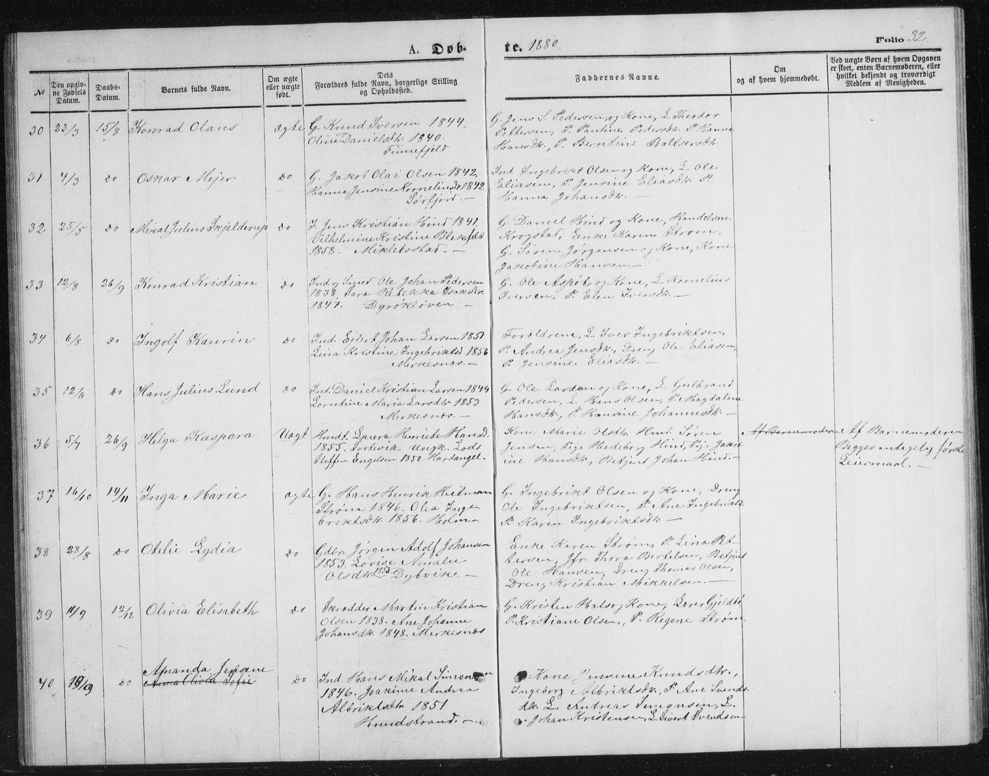 Tranøy sokneprestkontor, AV/SATØ-S-1313/I/Ia/Iab/L0013klokker: Parish register (copy) no. 13, 1874-1896, p. 32