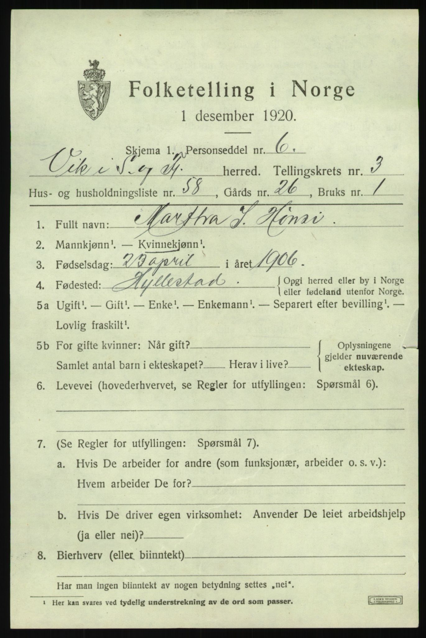 SAB, 1920 census for Vik, 1920, p. 3203