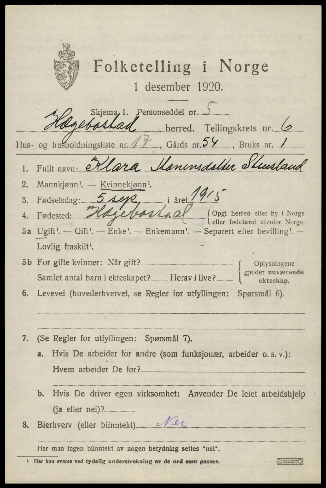 SAK, 1920 census for Hægebostad, 1920, p. 2095
