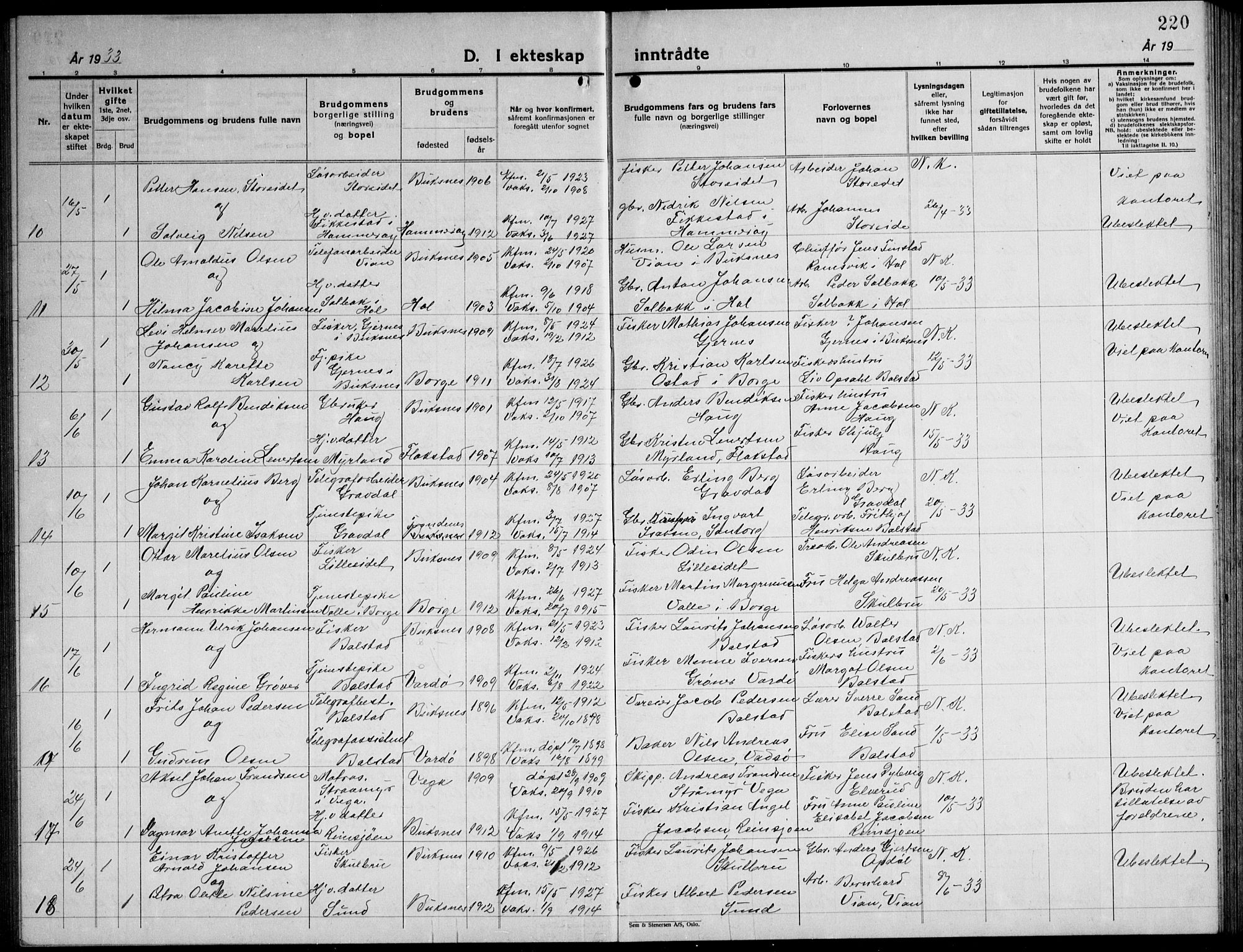 Ministerialprotokoller, klokkerbøker og fødselsregistre - Nordland, AV/SAT-A-1459/881/L1170: Parish register (copy) no. 881C07, 1930-1943, p. 220