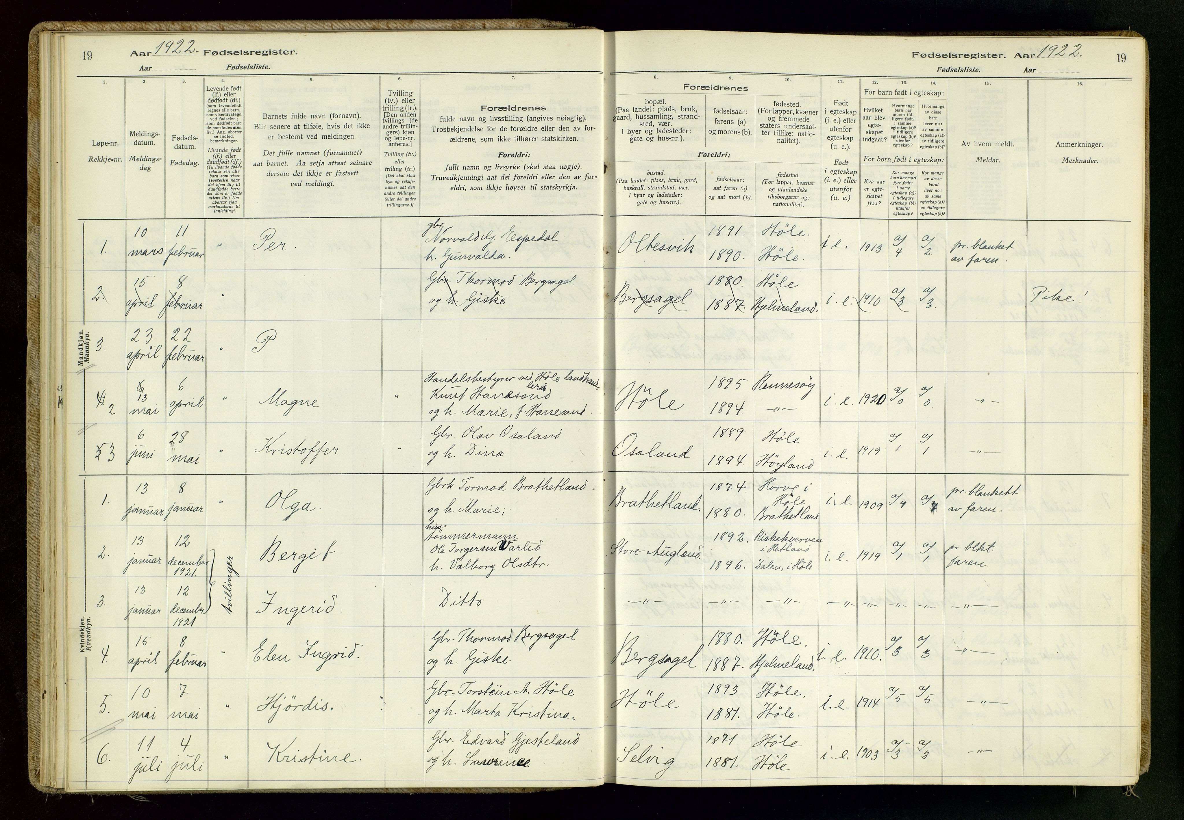 Høgsfjord sokneprestkontor, SAST/A-101624/I/Id/L0001: Birth register no. 1, 1916-1982, p. 19