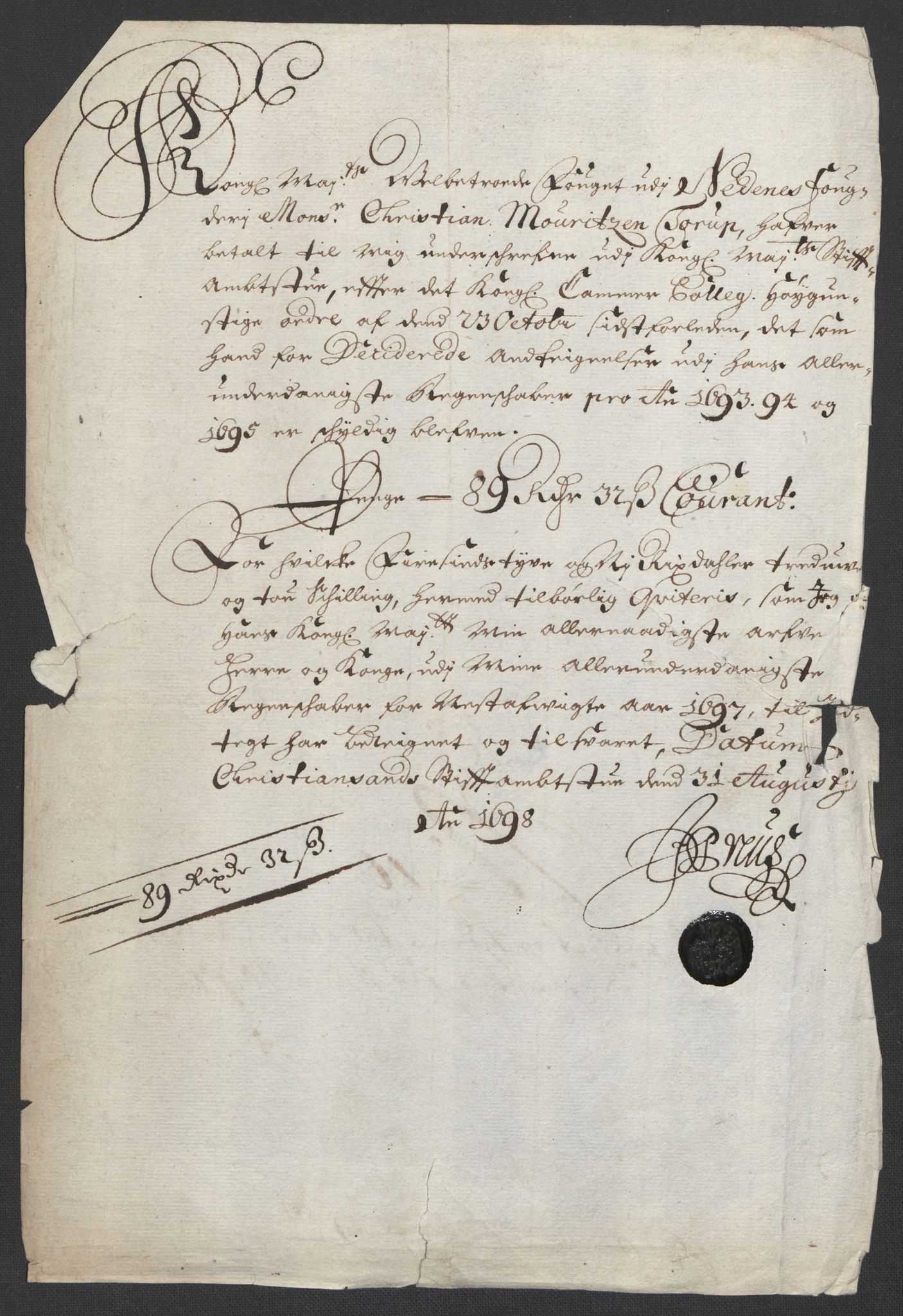 Rentekammeret inntil 1814, Reviderte regnskaper, Fogderegnskap, AV/RA-EA-4092/R39/L2313: Fogderegnskap Nedenes, 1696-1697, p. 208