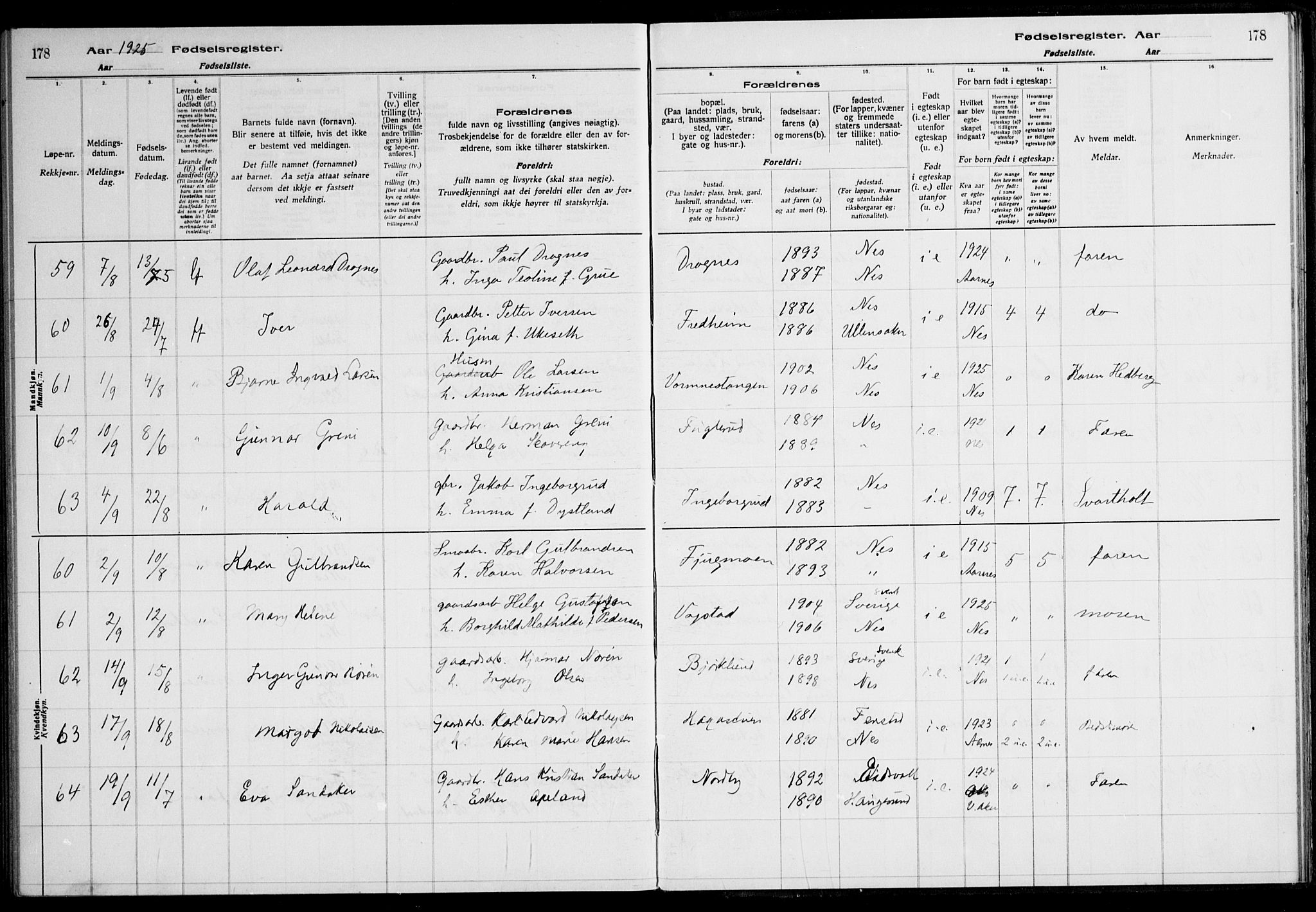 Nes prestekontor Kirkebøker, AV/SAO-A-10410/J/Ja/L0001: Birth register no. 1, 1916-1926, p. 178