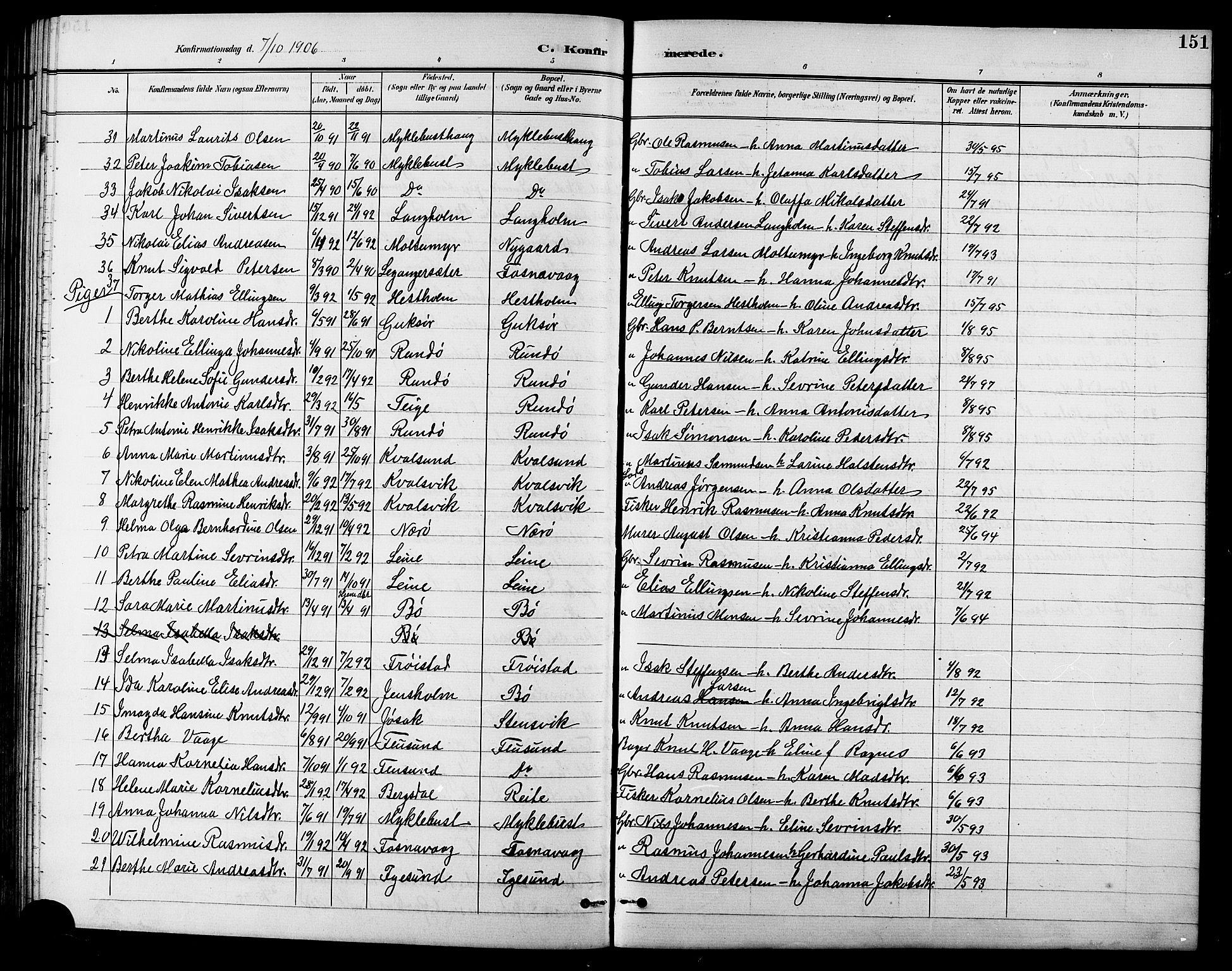Ministerialprotokoller, klokkerbøker og fødselsregistre - Møre og Romsdal, SAT/A-1454/507/L0082: Parish register (copy) no. 507C05, 1896-1914, p. 151