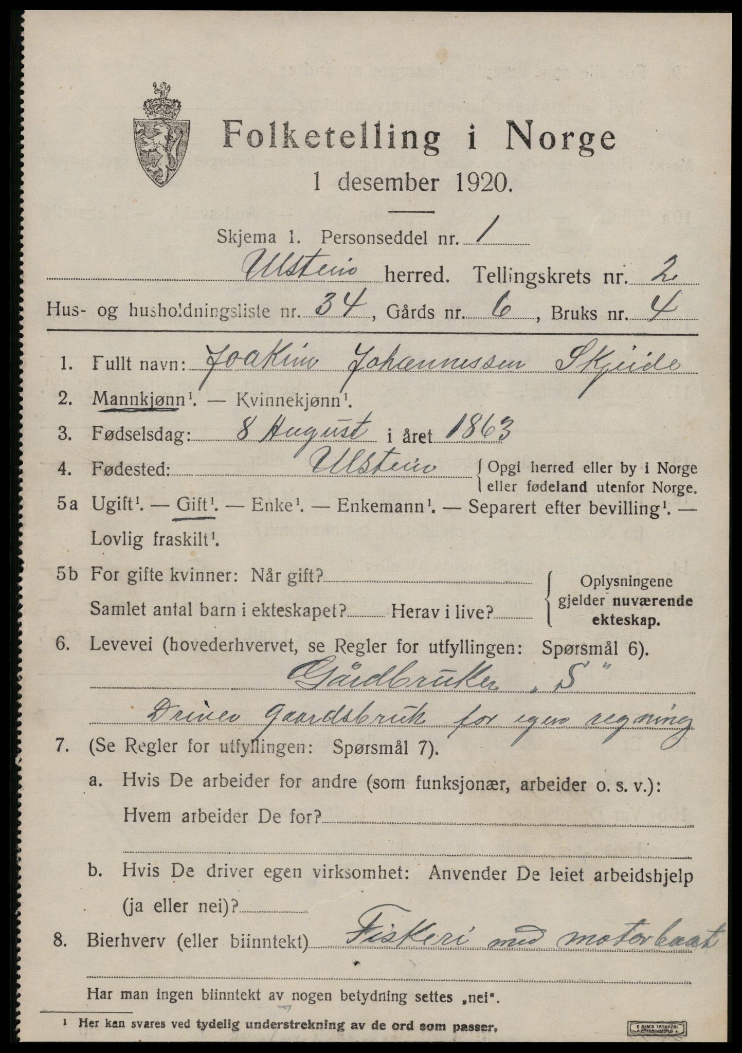 SAT, 1920 census for Ulstein, 1920, p. 1608