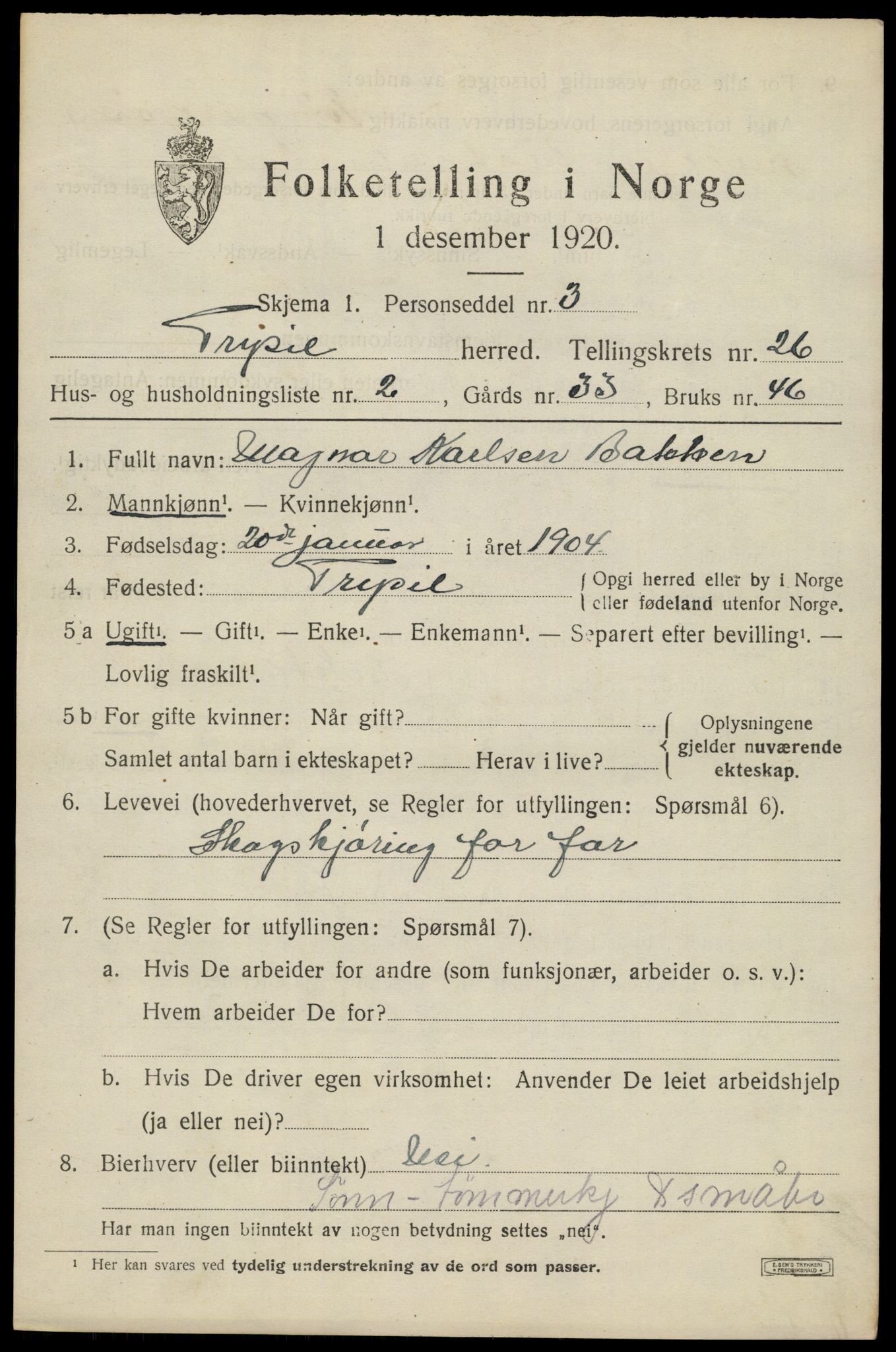 SAH, 1920 census for Trysil, 1920, p. 16121