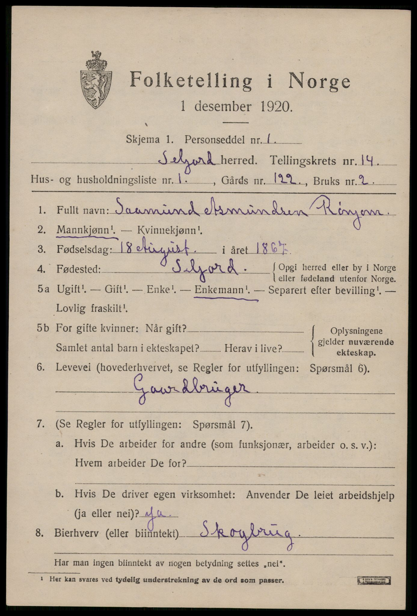 SAKO, 1920 census for Seljord, 1920, p. 6152