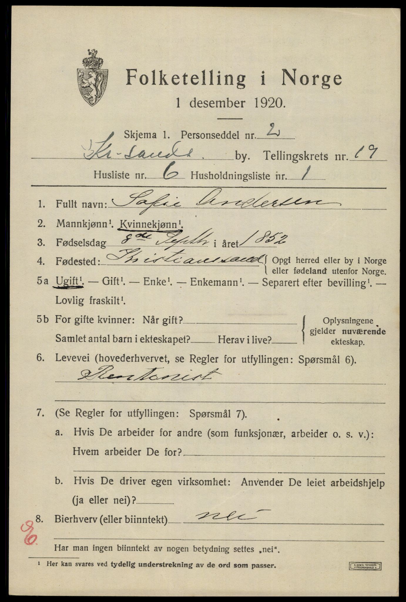SAK, 1920 census for Kristiansand, 1920, p. 34919