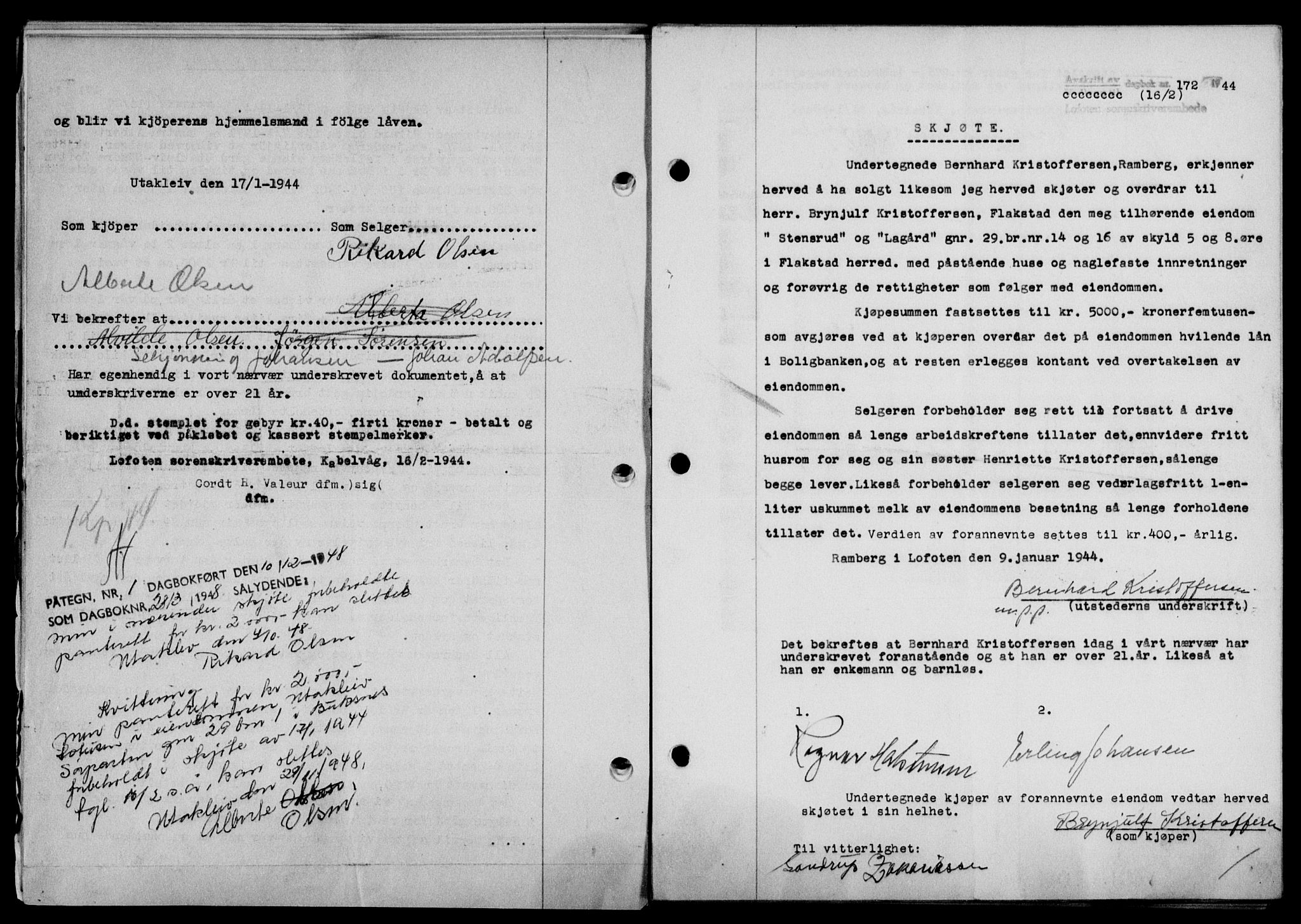 Lofoten sorenskriveri, SAT/A-0017/1/2/2C/L0012a: Mortgage book no. 12a, 1943-1944, Diary no: : 172/1944