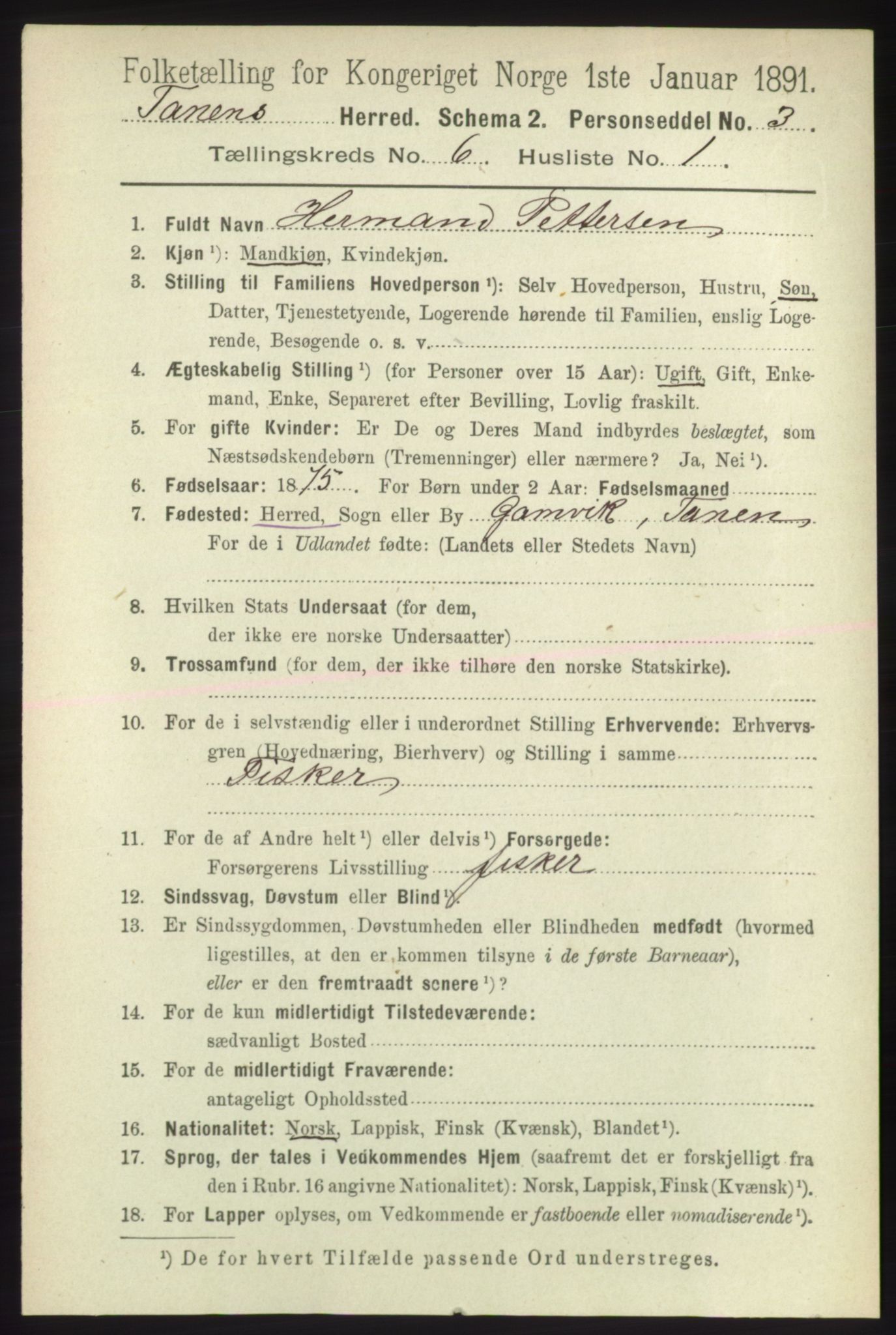 RA, 1891 census for 2025 Tana, 1891, p. 2801