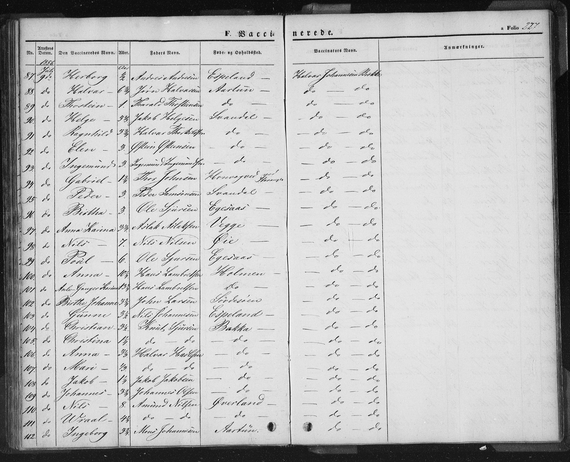 Sand sokneprestkontor, AV/SAST-A-101848/01/III/L0002: Parish register (official) no. A 2, 1838-1859, p. 227