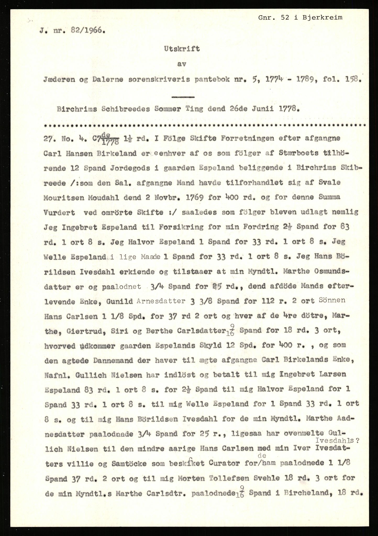 Statsarkivet i Stavanger, AV/SAST-A-101971/03/Y/Yj/L0007: Avskrifter sortert etter gårdsnavn: Berekvam - Birkeland, 1750-1930, p. 619