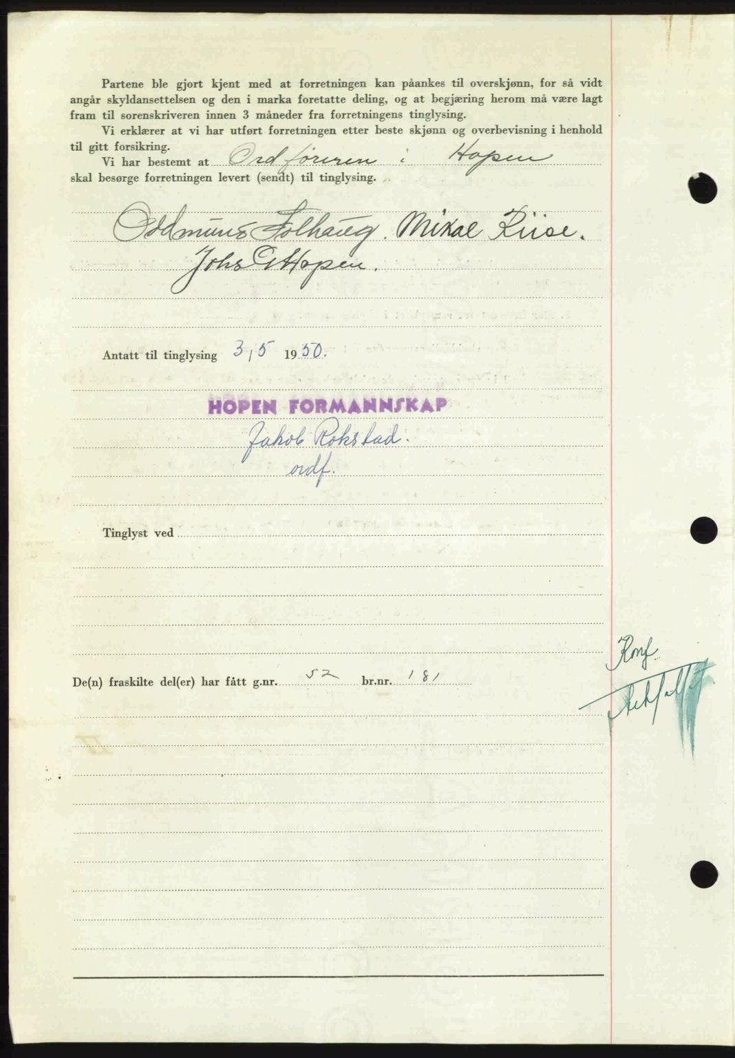 Nordmøre sorenskriveri, AV/SAT-A-4132/1/2/2Ca: Mortgage book no. A115, 1950-1950, Diary no: : 1453/1950